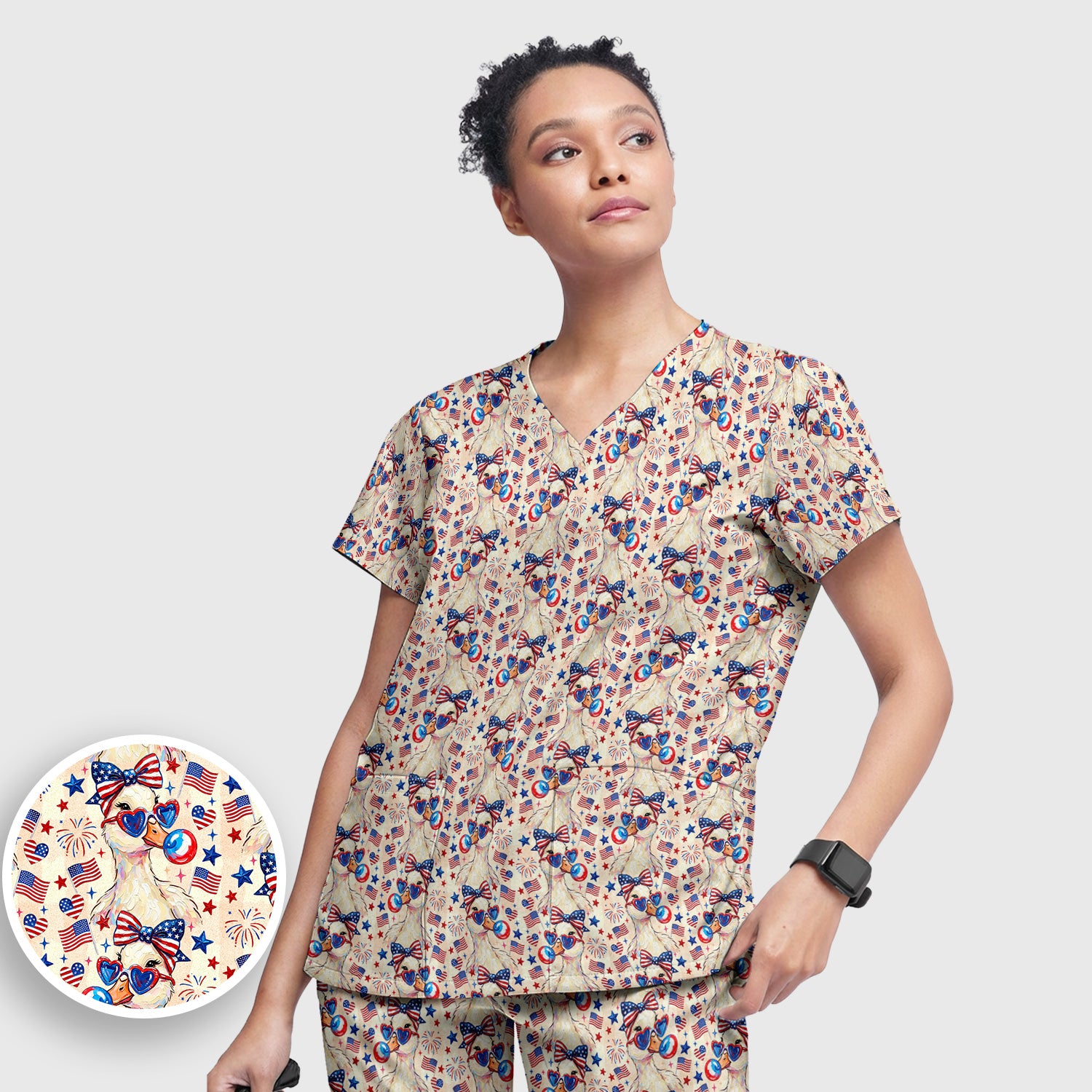 USA Flag 250th Patriotic Duck Sunglasses Pattern Scrub Set, Scrub Pants and V Neck Top