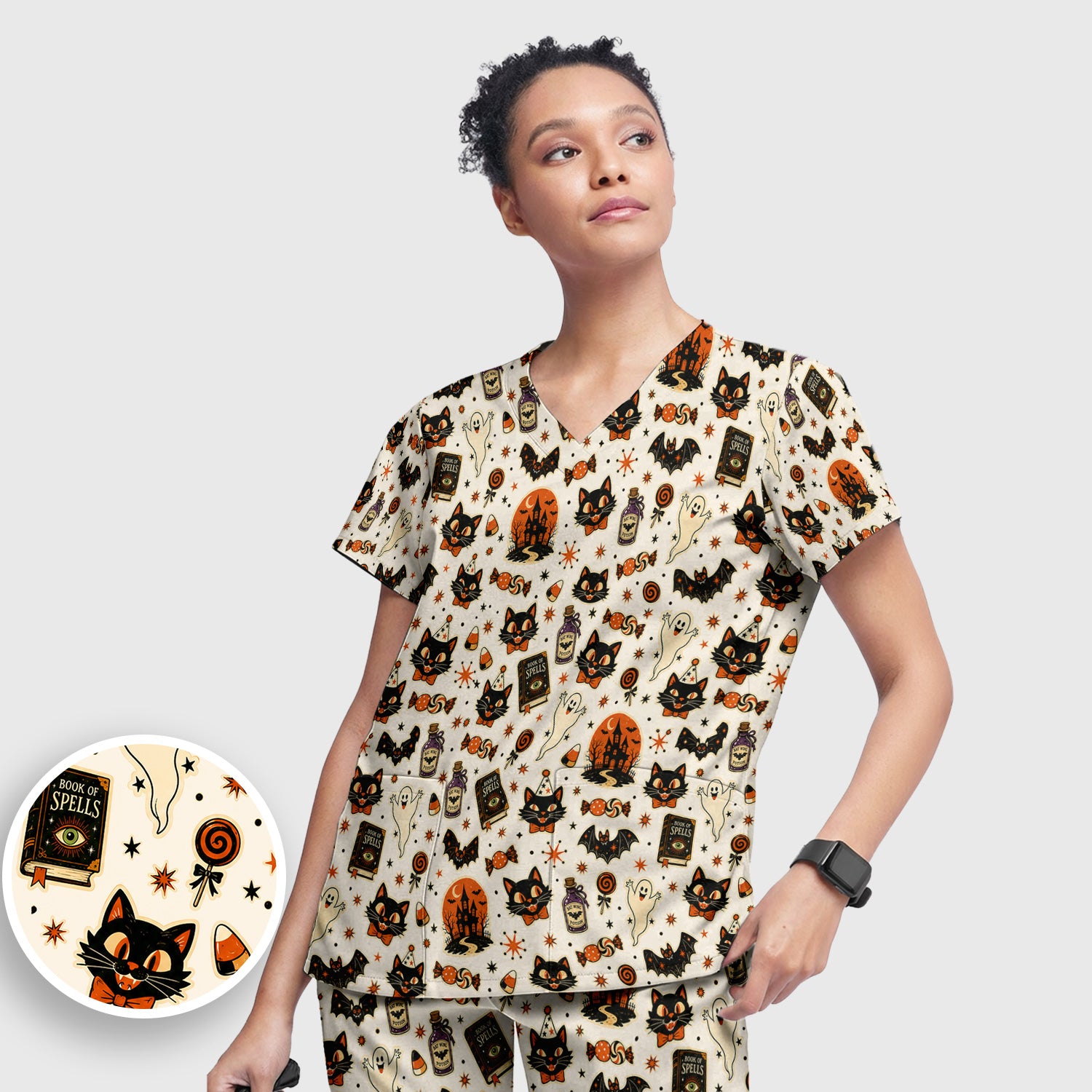 Halloween Black Cat with Ghost Candy Print Scrub Set, Scrub Pants and V Neck Top