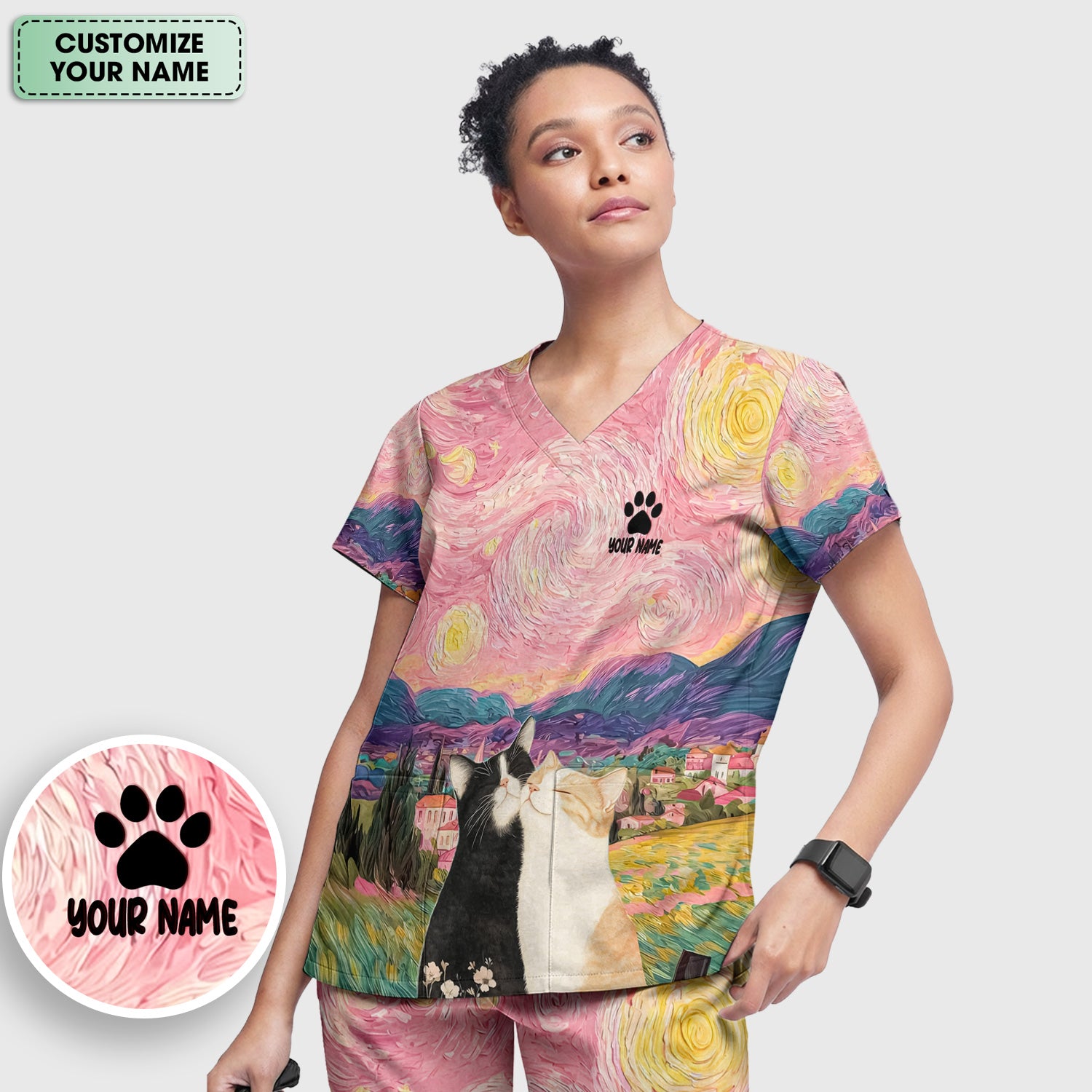 Personalized Cat Couple Sunset Swirl Sky Landscape Pattern Scrub Set, Scrub Pants and V Neck Top