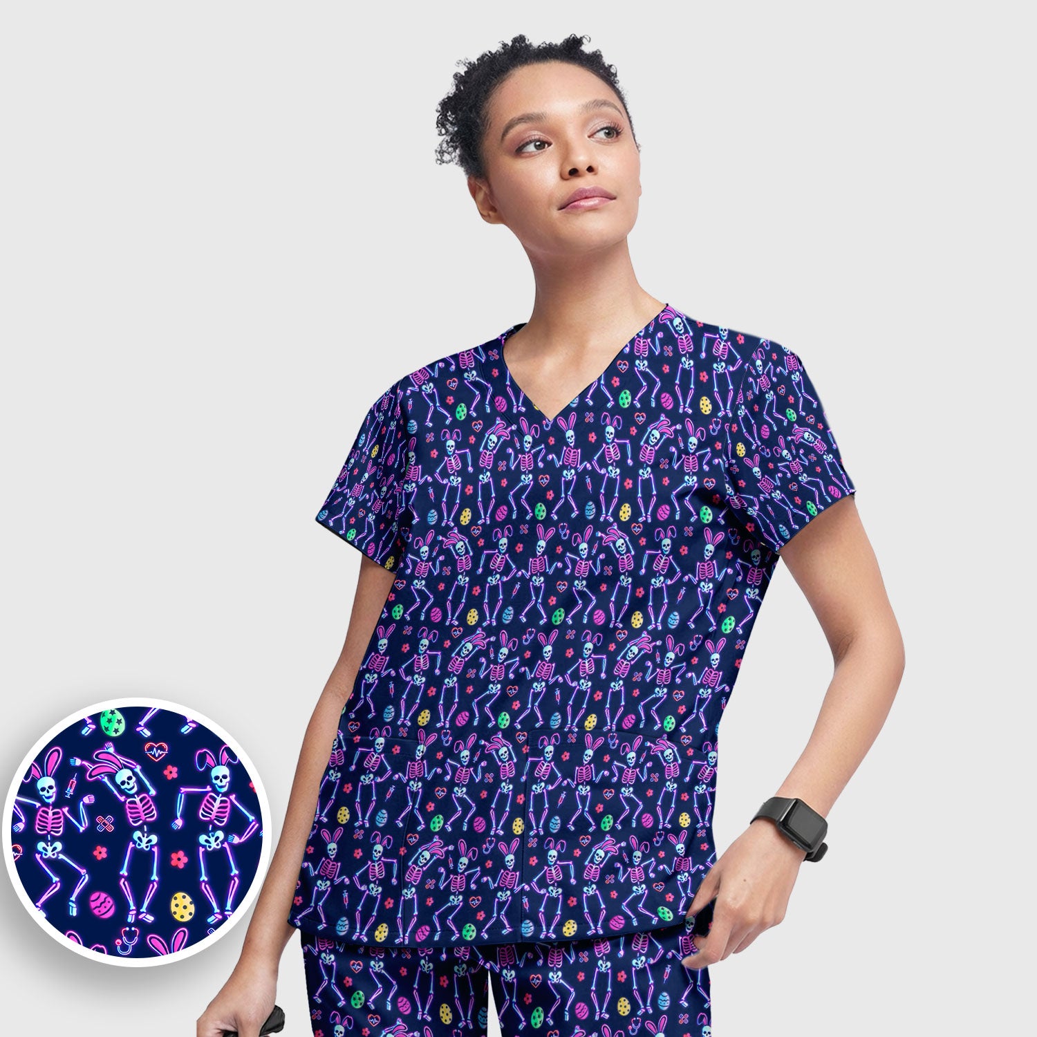 Neon Easter Skeleton Print Scrub Set, Scrub Pants and V Neck Top