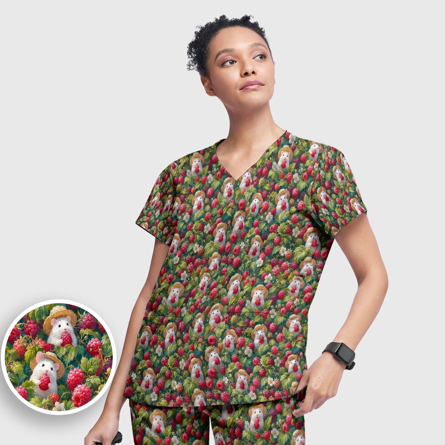 Cute Raspberry Mouse Garden Pattern Scrub Set, Scrub Pants and V Neck Top