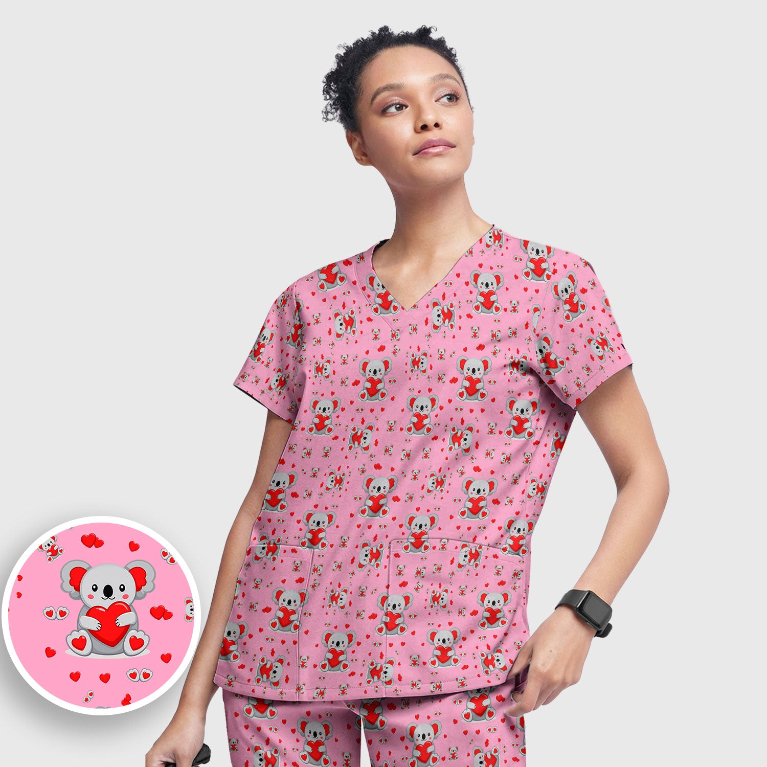 Valentine Cute Koala Heart Pattern Medical Outfit, Women's Scrub Sets
