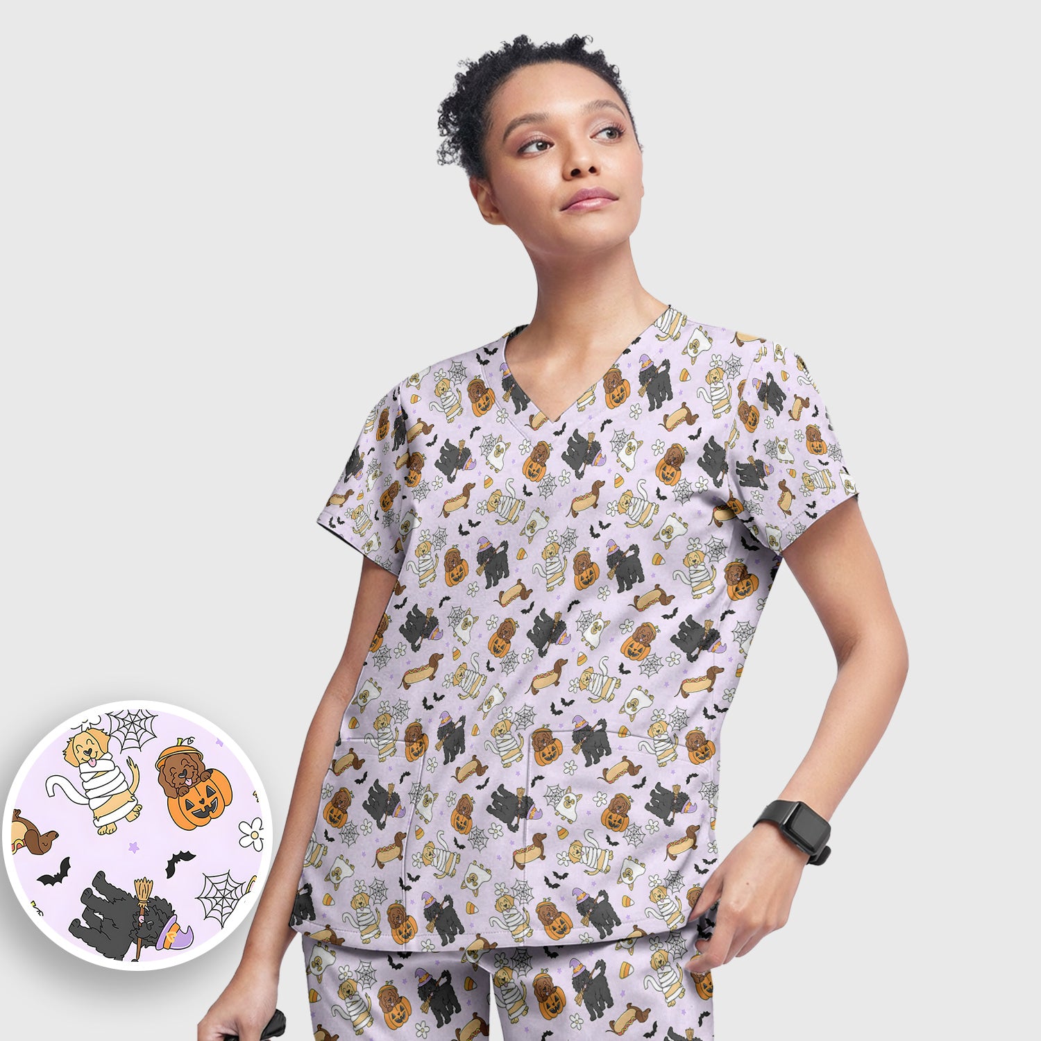 Cute Halloween Costumed Pets Scrub Set, Scrub Pants and V Neck Top