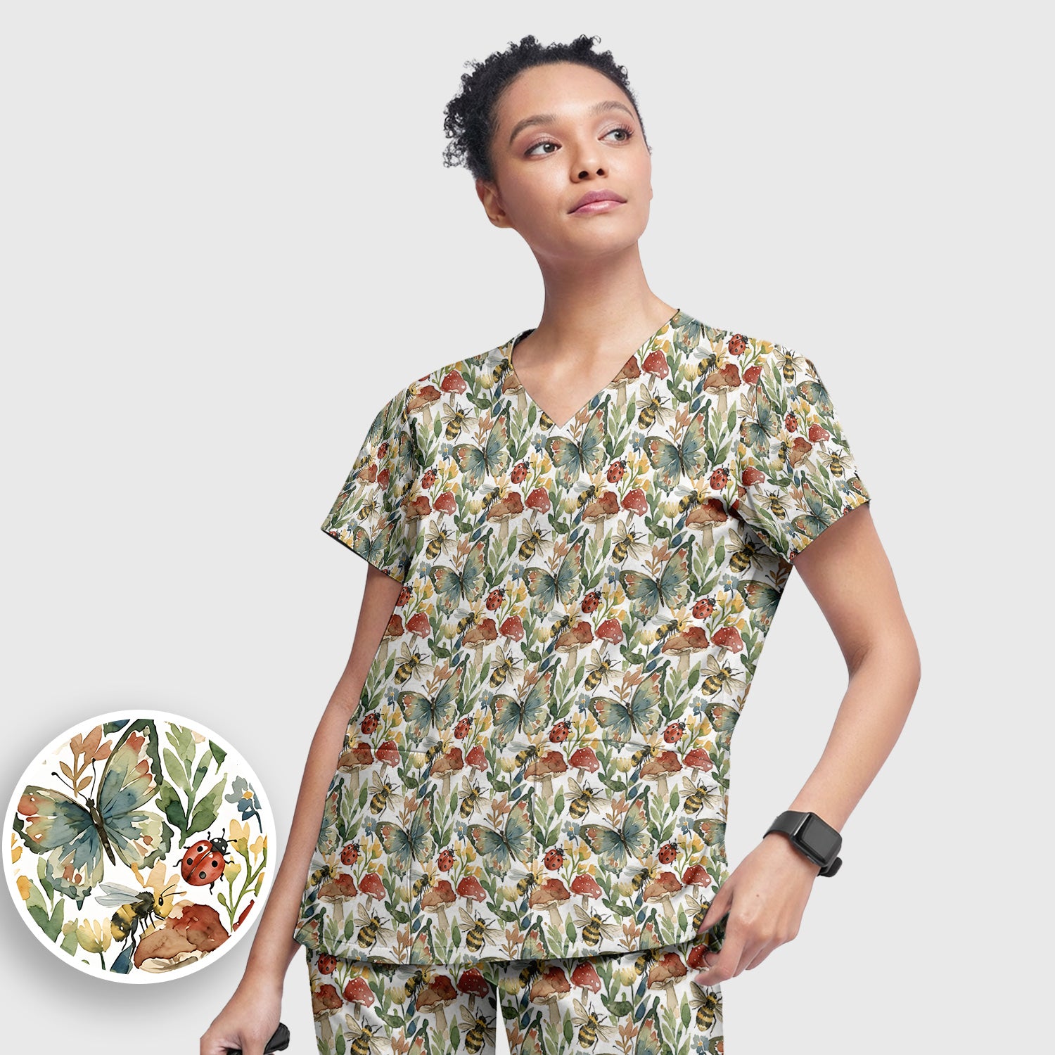 Butterfly Bee With Floral Mushroom Scrub Set, Scrub Pants and V Neck Top