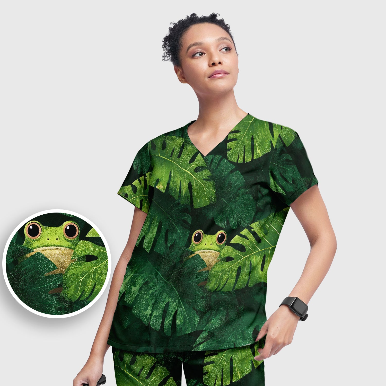 Cute Frog Hiding Jungle Leaves Pattern Nurse Scrub Set, Scrub Pants and V Neck Top