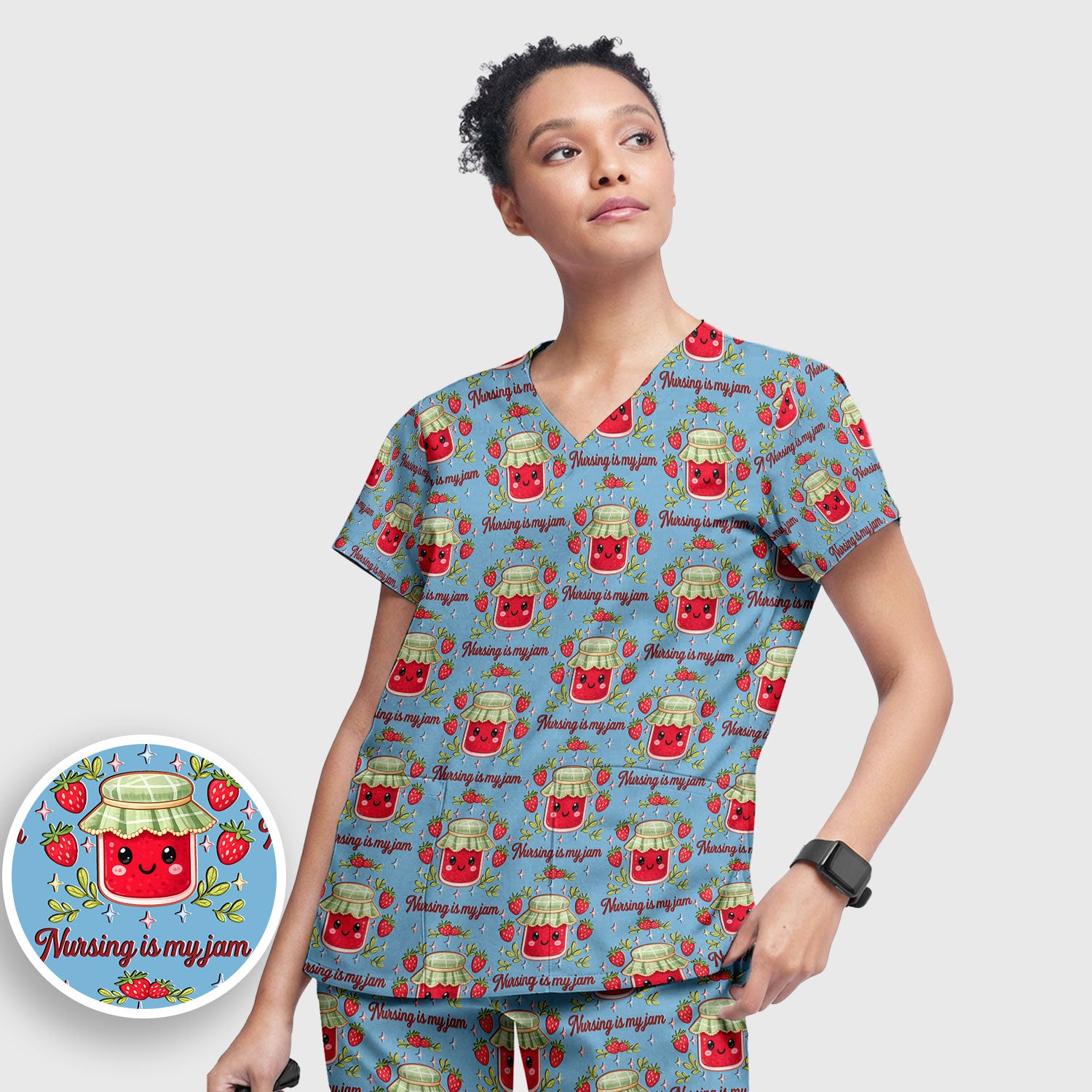 Cute Strawberry Jam Nurse Pattern Scrub Set, Breathable Med Uniform