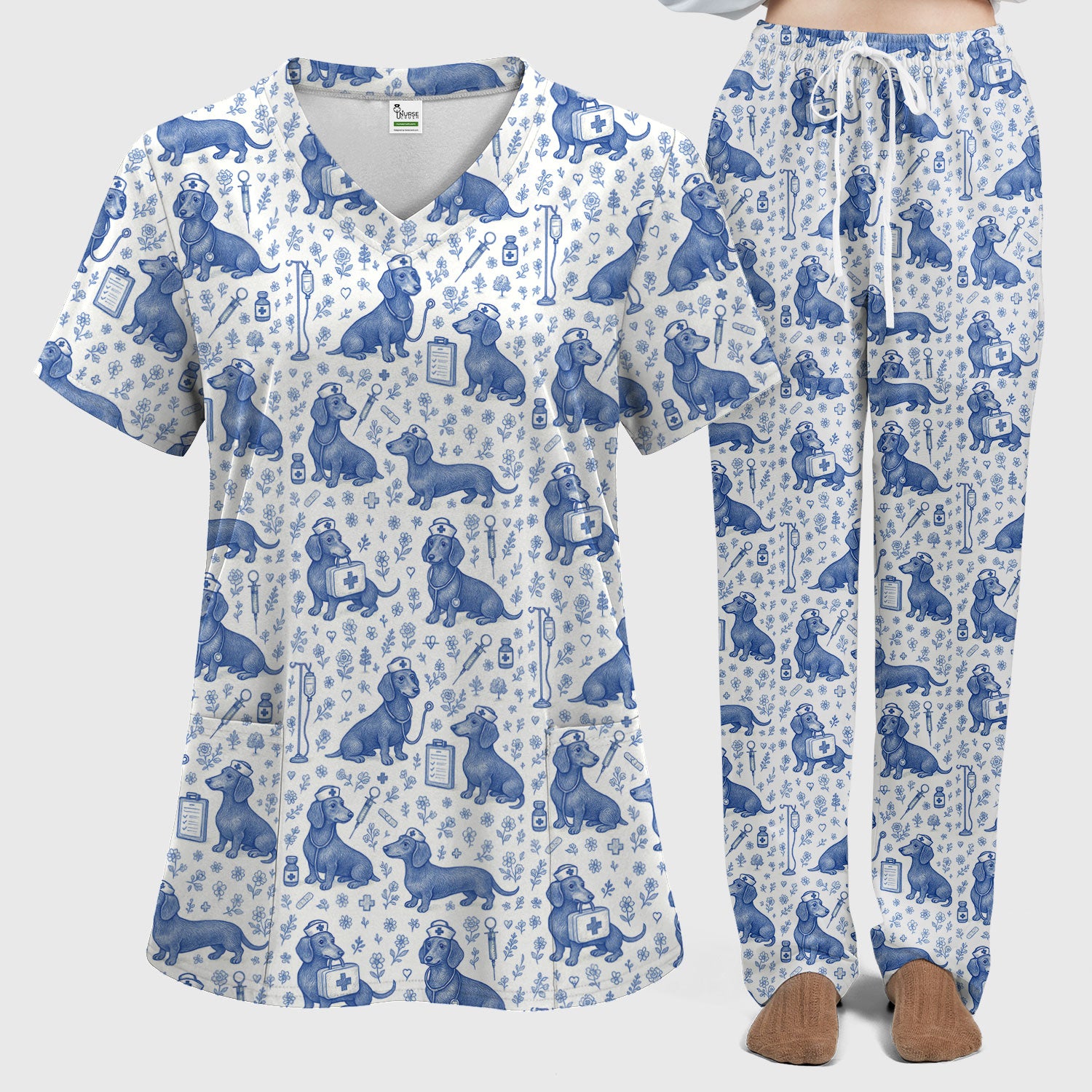 Vintage Dachshund Scrub Set - Artistic Dog Pattern Medical Scrubs - Cute Pet Lover Nurse Gift for Women