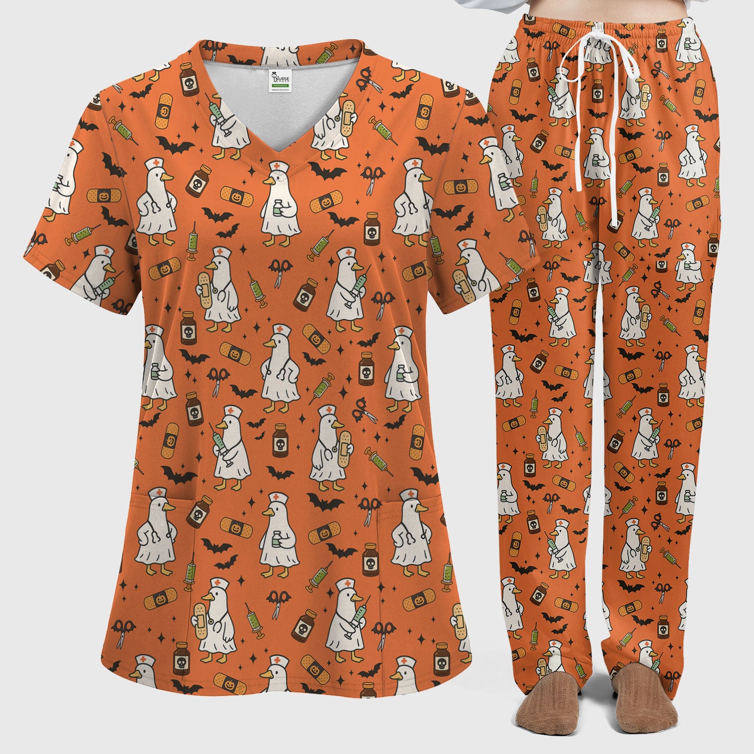 Goose Halloween Nurse Scrub Set - Quirky Duck Medical Pattern - Funny Spooky Nursing Outfit Gift for Women RN LPN CNA