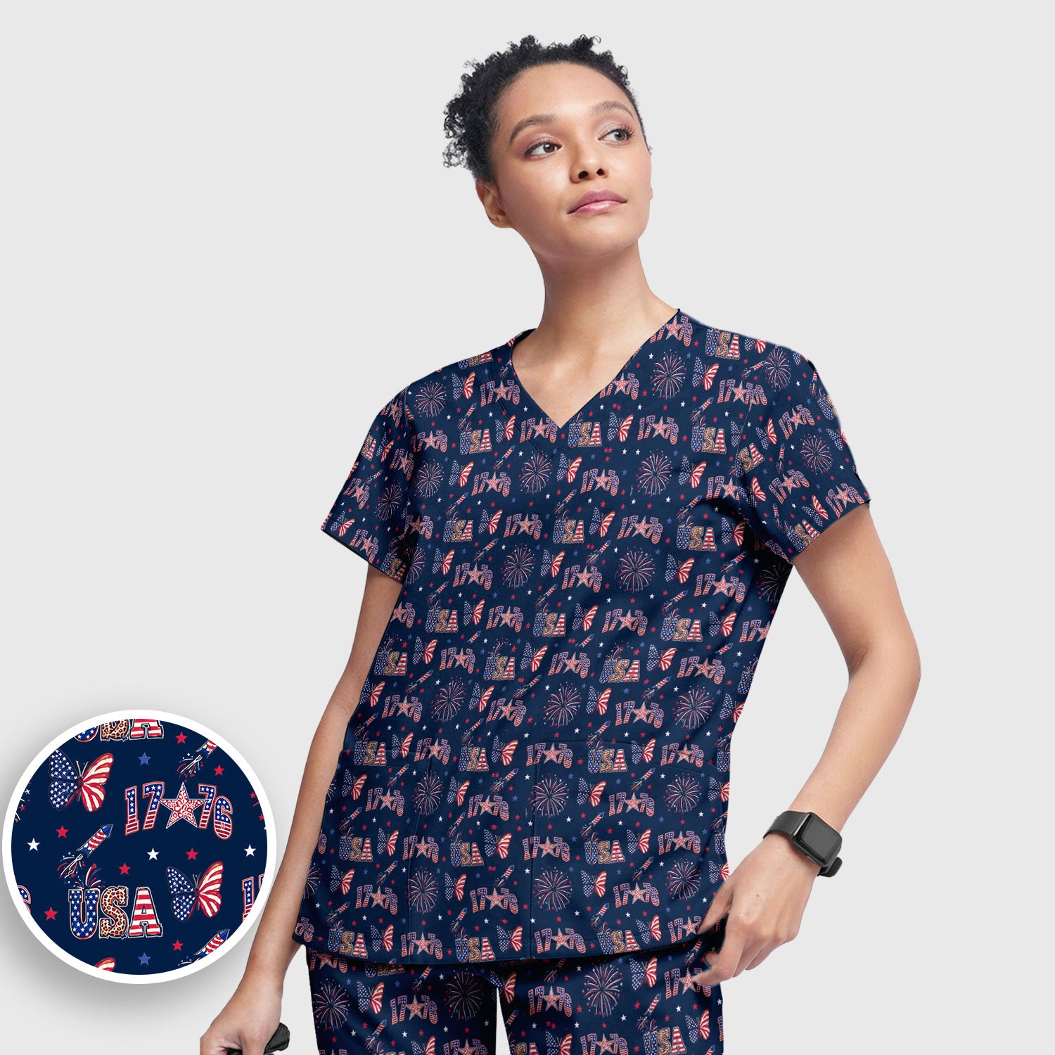 USA Fireworks Butterfly Pattern Scrub Set, Scrub Pants and V Neck Top