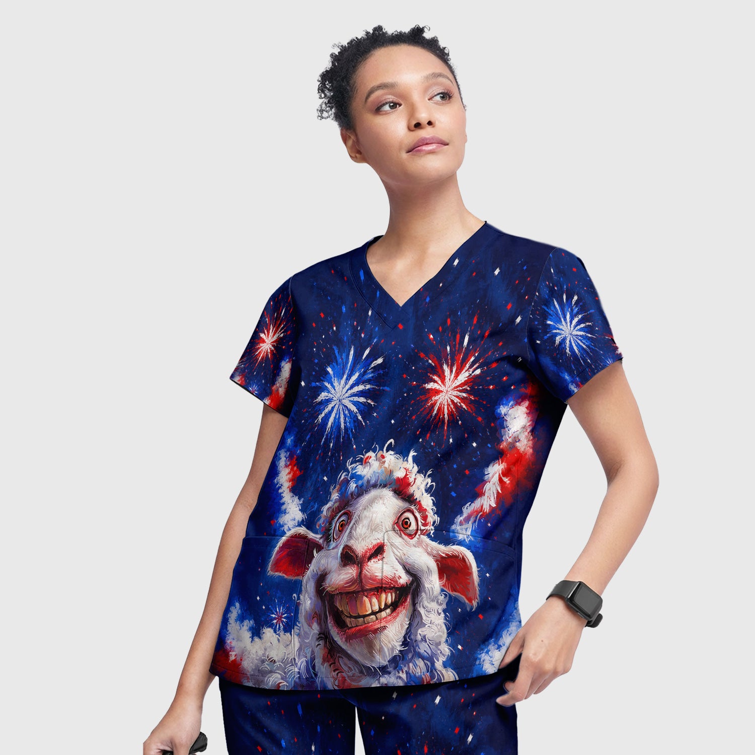 Funny Patriotic Sheep Fireworks Print Scrub Set, Scrub Pants and V Neck Top
