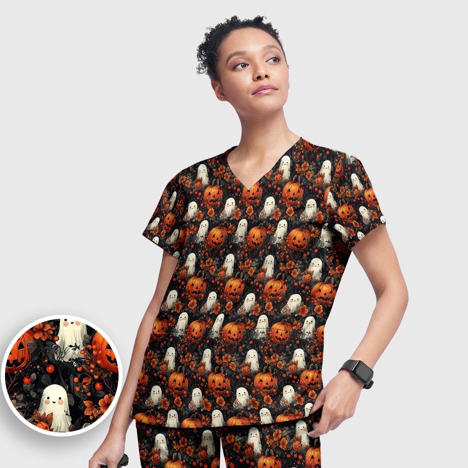 Spooky Halloween Ghost And Pumpkin Pattern Scrub Set, Scrub Pants and V Neck Top