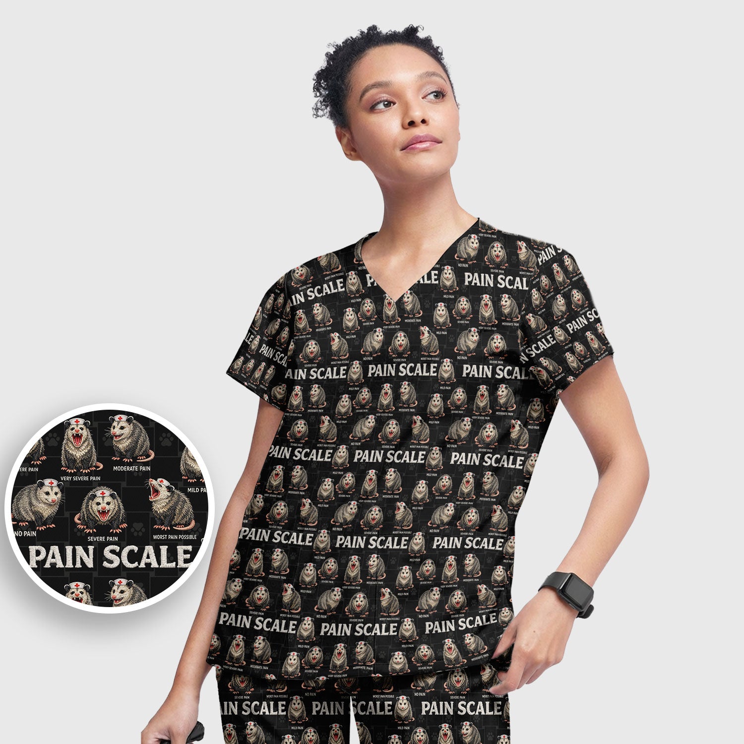 Edgy Possum Pain Scale Nurse Pattern Scrub Set, Scrub Pants and V Neck Top