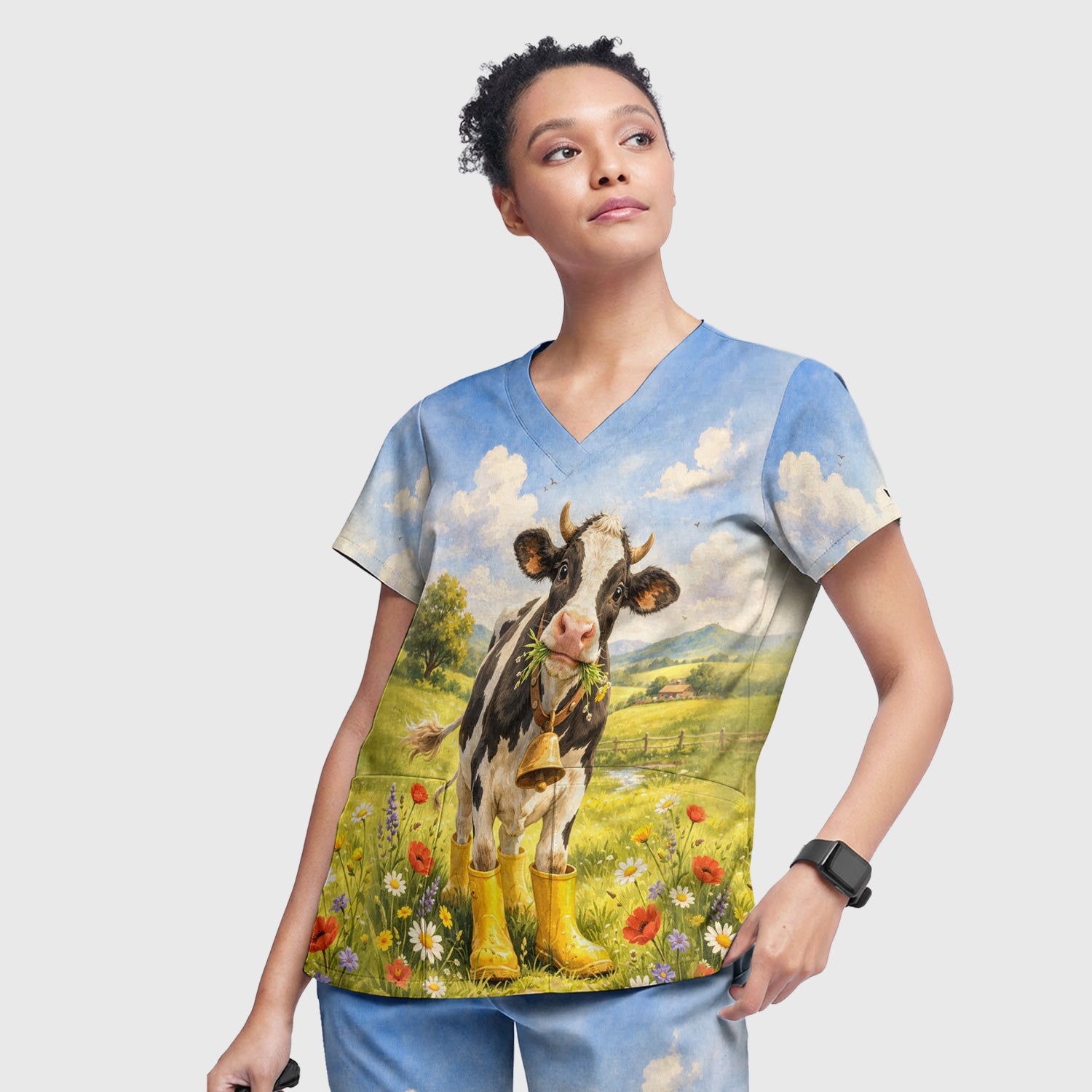 Cute Cow Wearing Boots Meadow Scene Pattern Scrub Set, Scrub Pants and V Neck Top