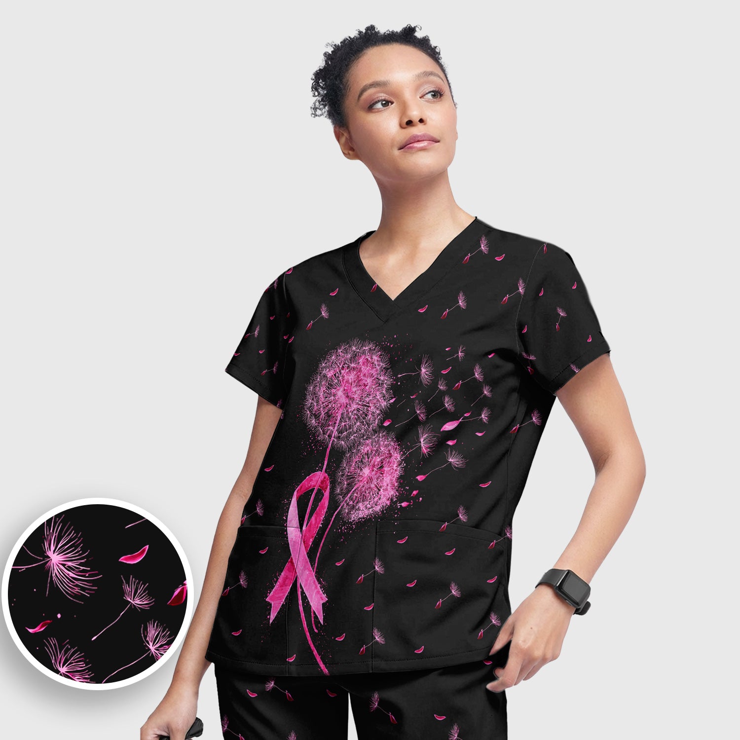 Meaningful Pink Ribbon Dandelion Scrub Set, Scrub Pants and V Neck Top