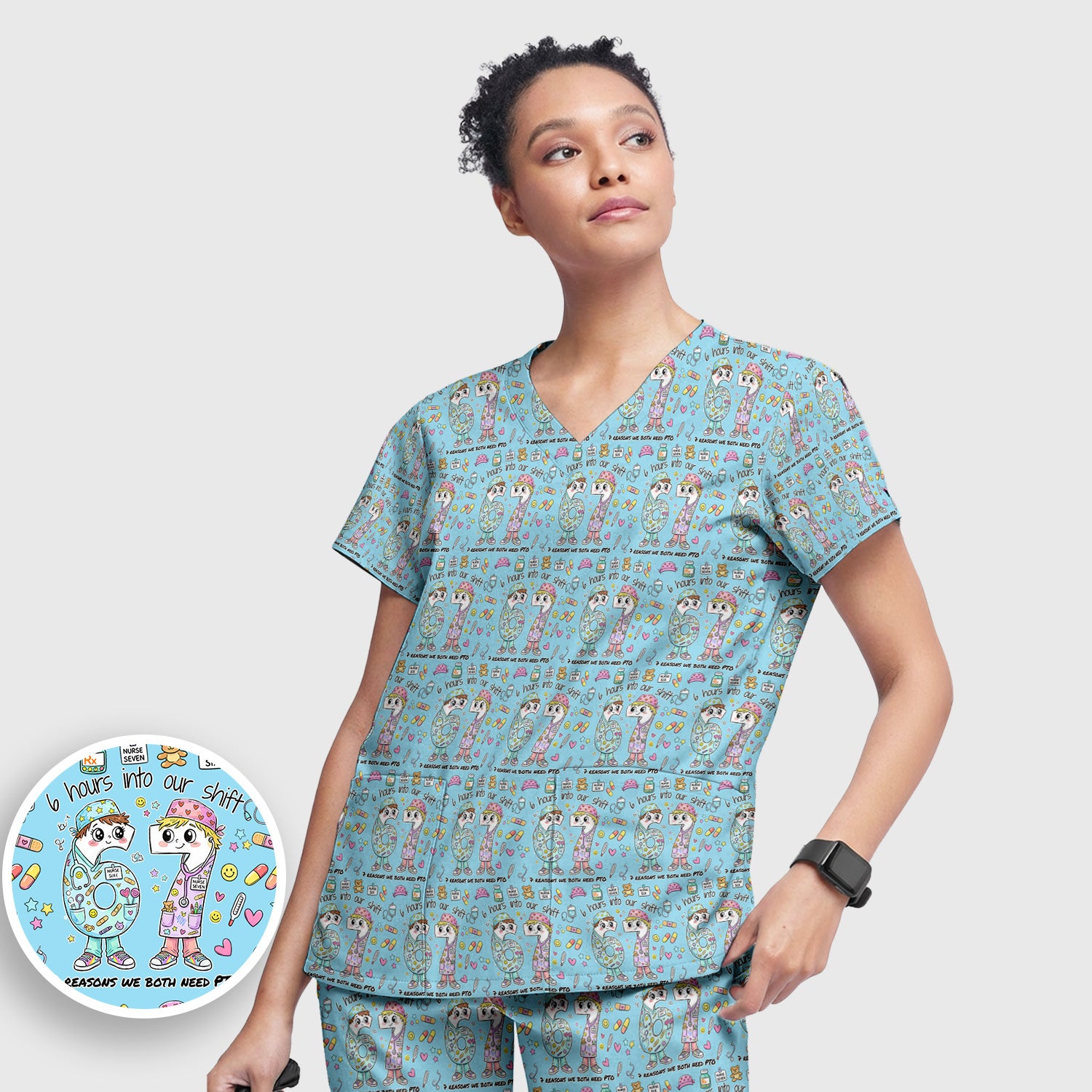 Cartoon Characters Six Hours Into Shift With Medical Doodle Scrub Set, Breathable Med Uniform