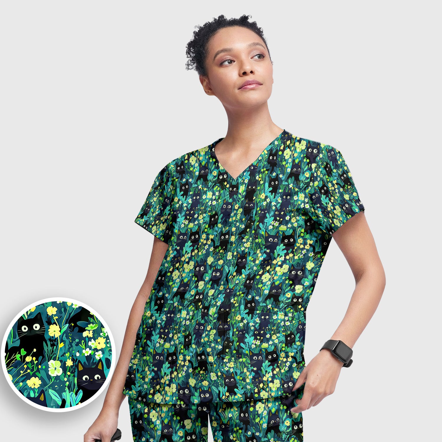 Black Cat Floral Pattern Scrub Set, Scrub Pants and V Neck Top