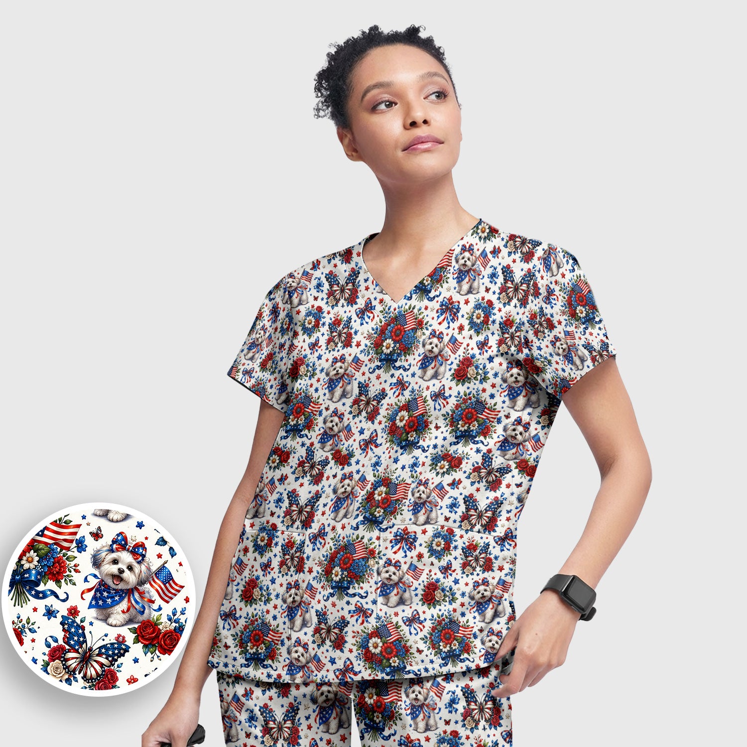 Patriotic Puppy Floral Bouquet Pattern Scrub Set, Scrub Pants and V Neck Top