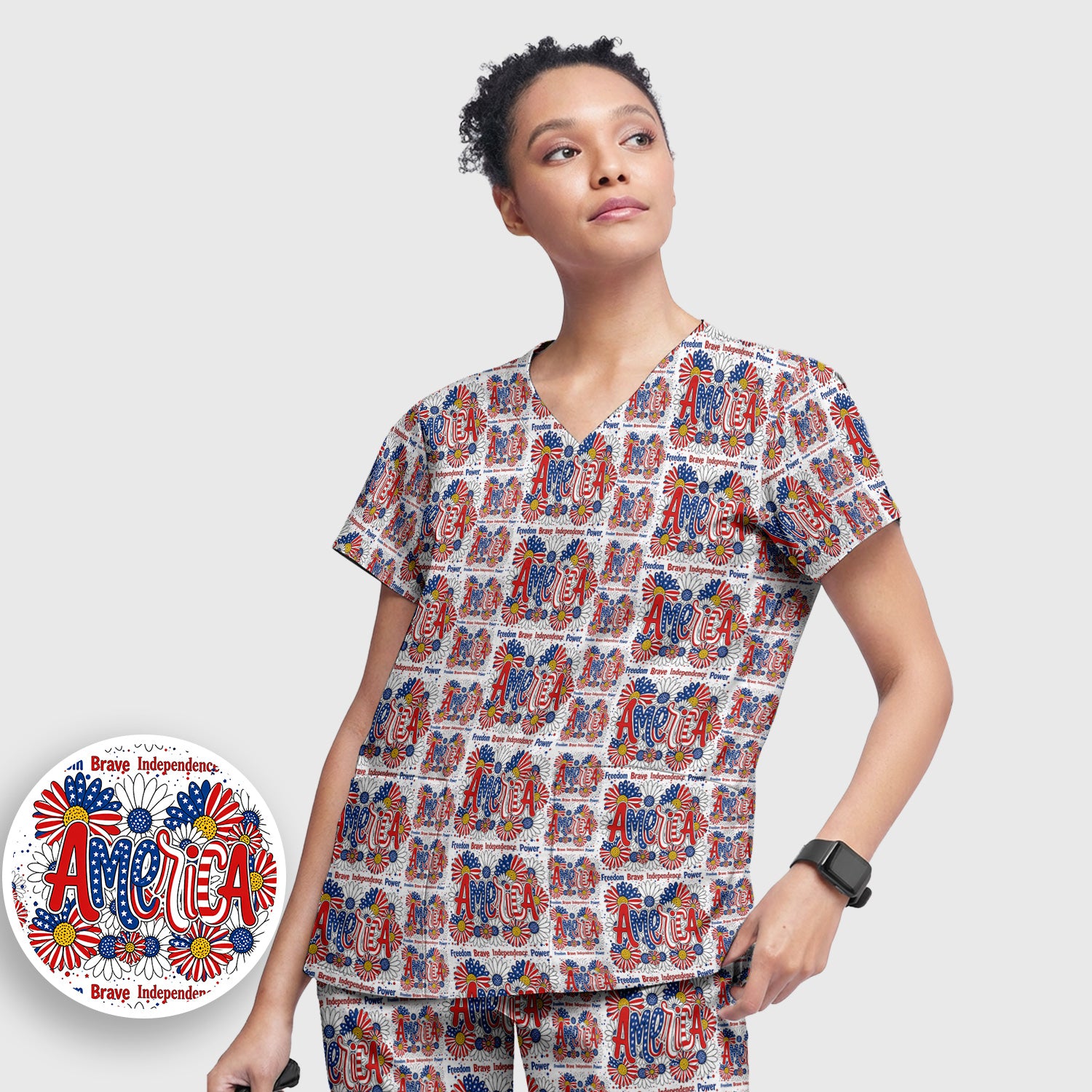 Patriotic America Floral Fireworks Pattern Scrub Set, Scrub Pants and V Neck Top