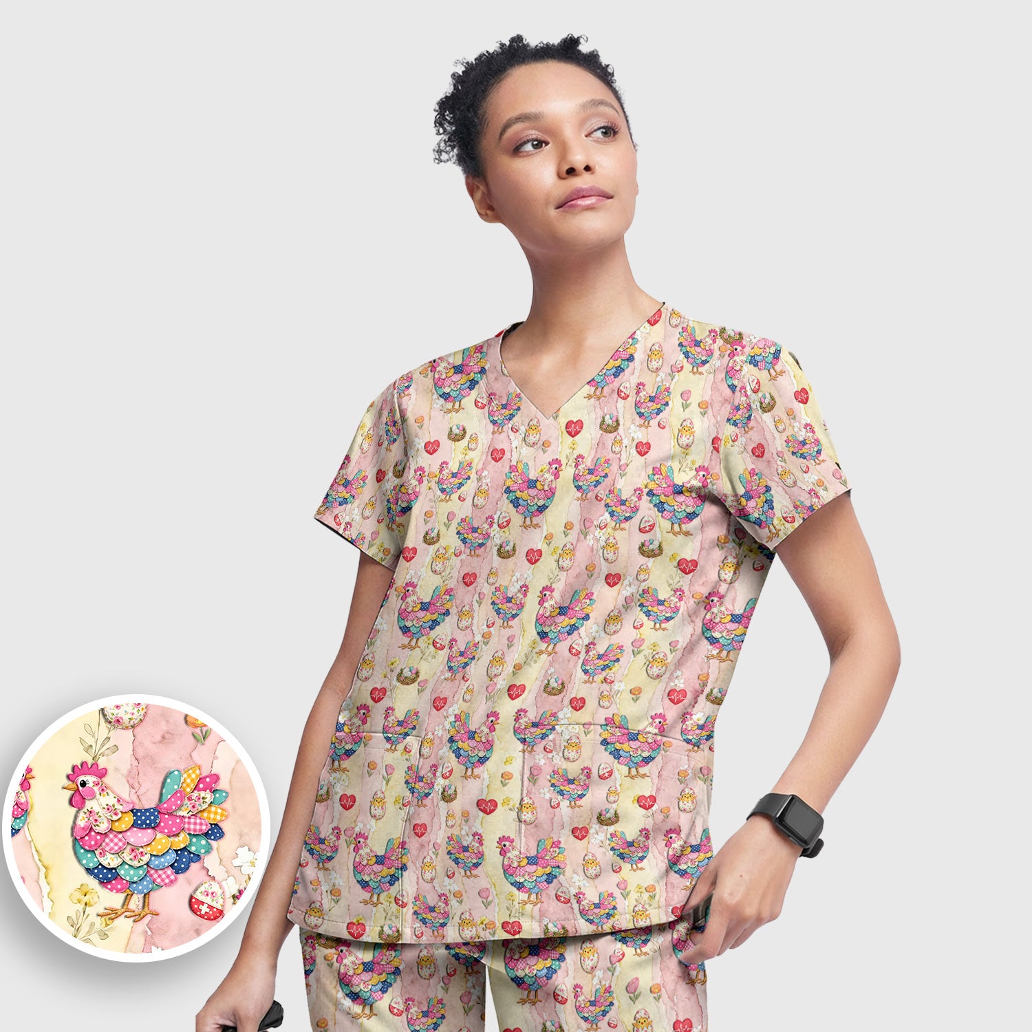 Colorful Chicken Easter Eggs Heart Pattern Scrub Sets, Breathable Med Uniform