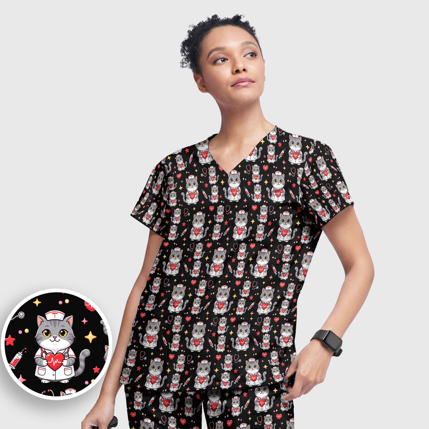 Cute Nurse Cat Heart Medical Print Scrub Set, Scrub Pants and V Neck Top