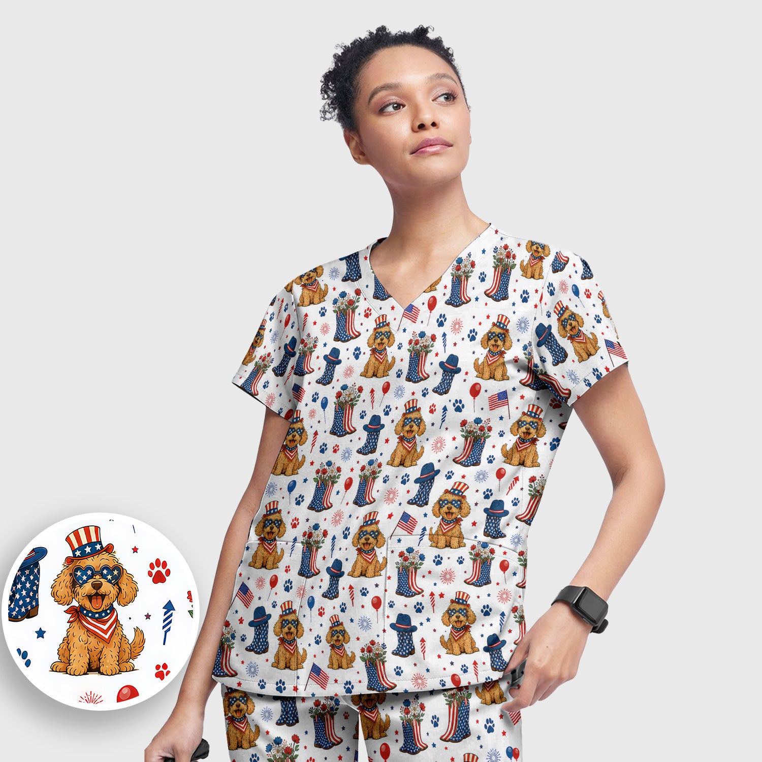 Patriotic Puppy Cowboy Boots Pattern Scrub Set, Scrub Pants and V Neck Top