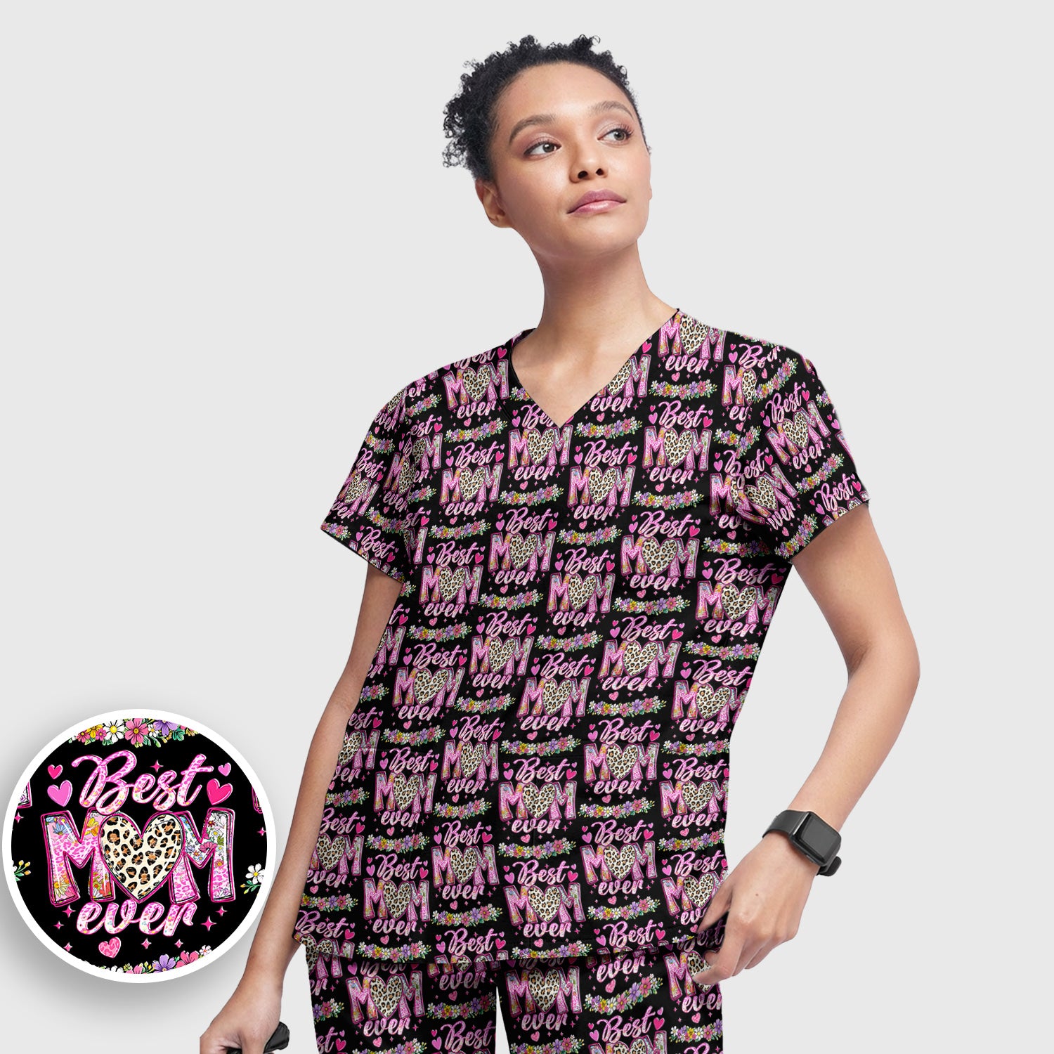 Best Mom Ever Leopard Heart Floral Pattern Scrub Set, Nurse Uniform Scrubs Set