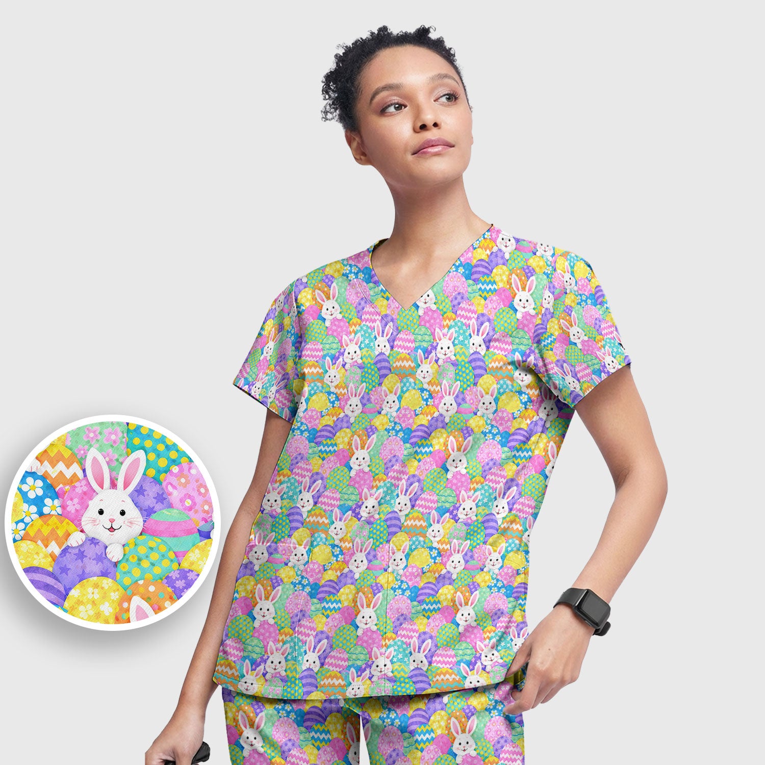 Easter Bunny Colorful Egg Pattern Print Scrub Set, Scrub Pants and V Neck Top