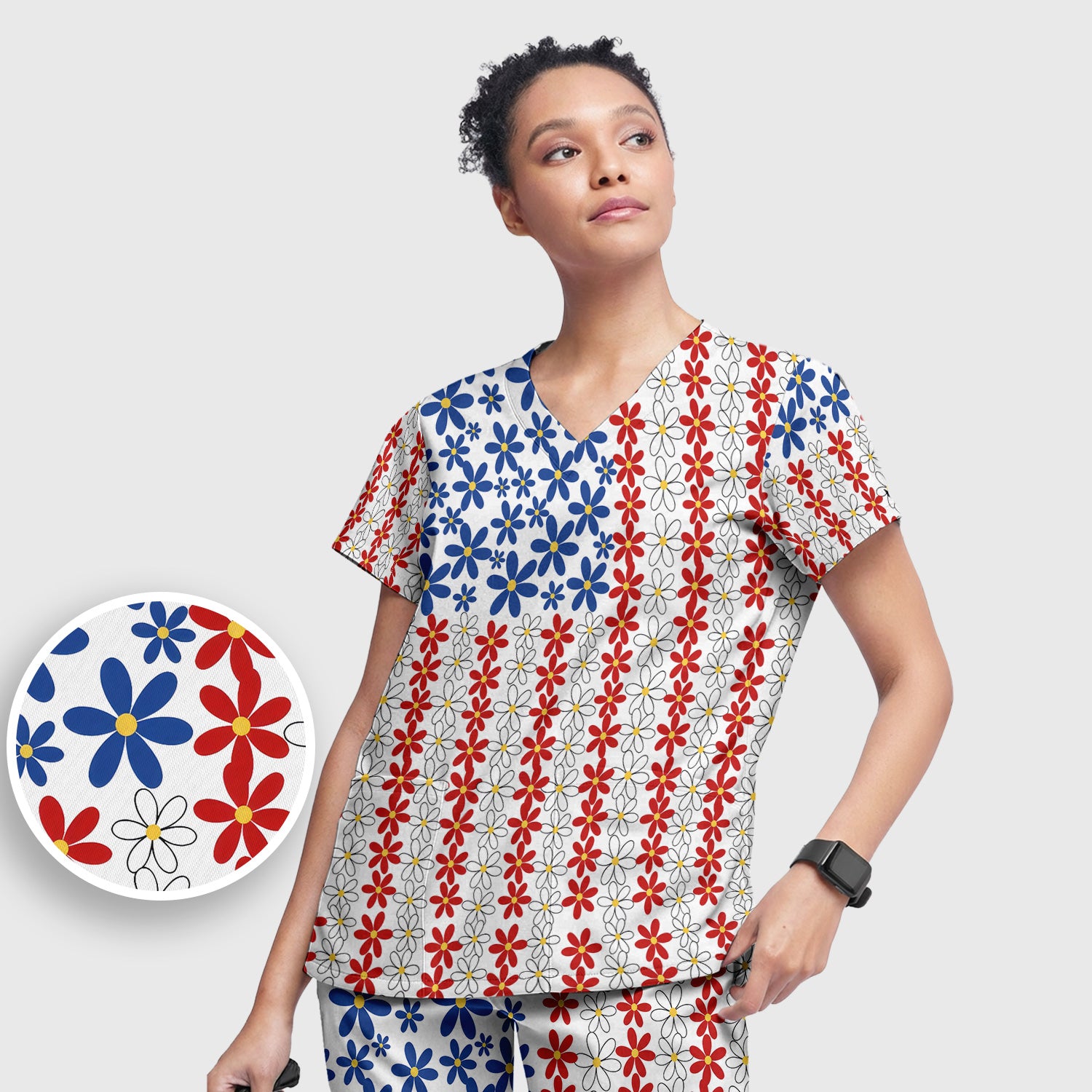 Retro Red Blue Daisy Stripe Pattern Scrub Top, Breathable Fabrics Nursing Uniform