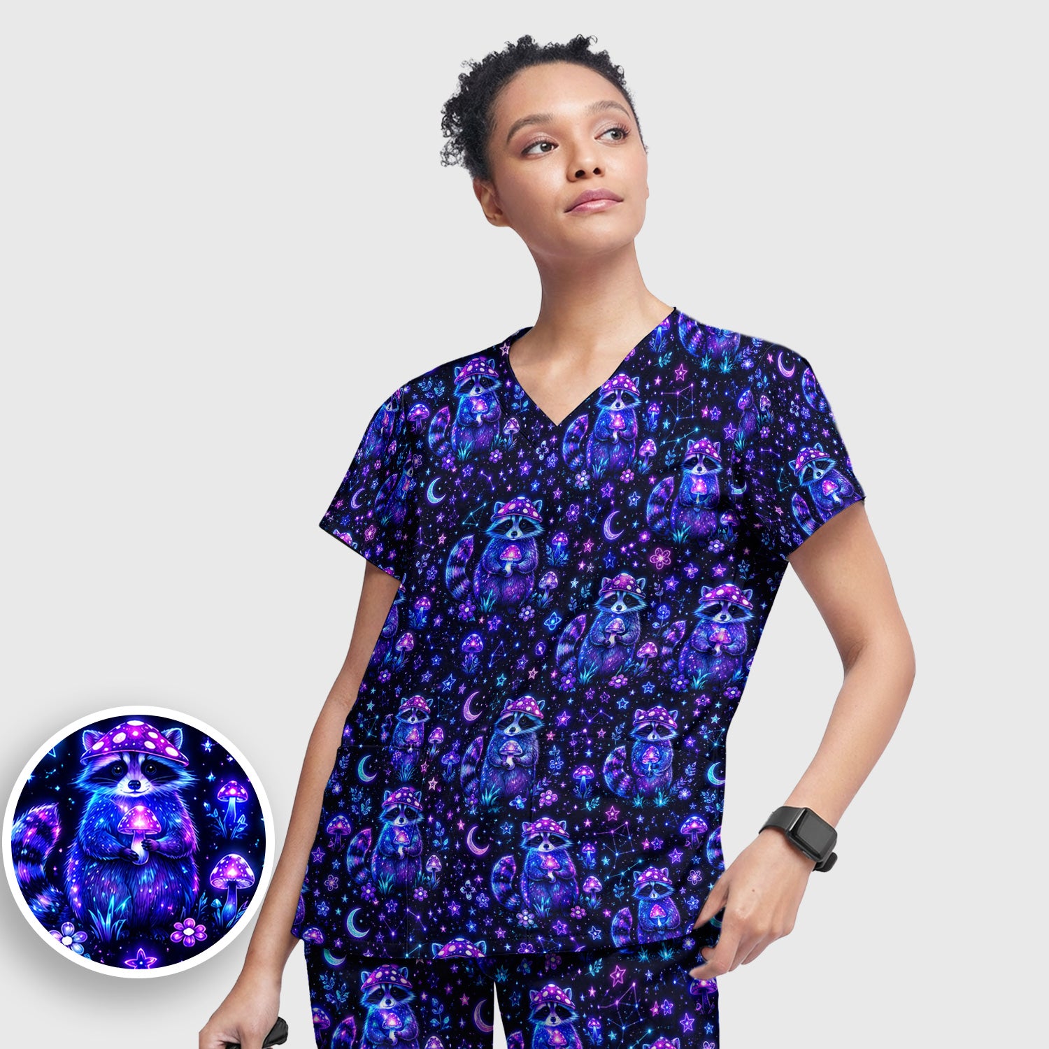 Neon Mushroom Raccoon Nurse Pattern Scrub Set, Scrub Pants and V Neck Top