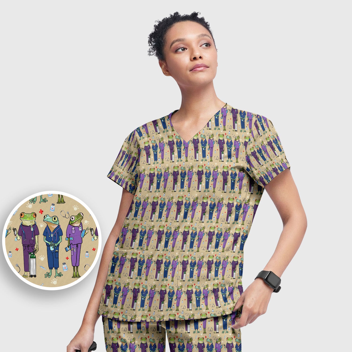 Funny Frog Nurse Pattern Scrub Set, Scrub Pants and V Neck Top