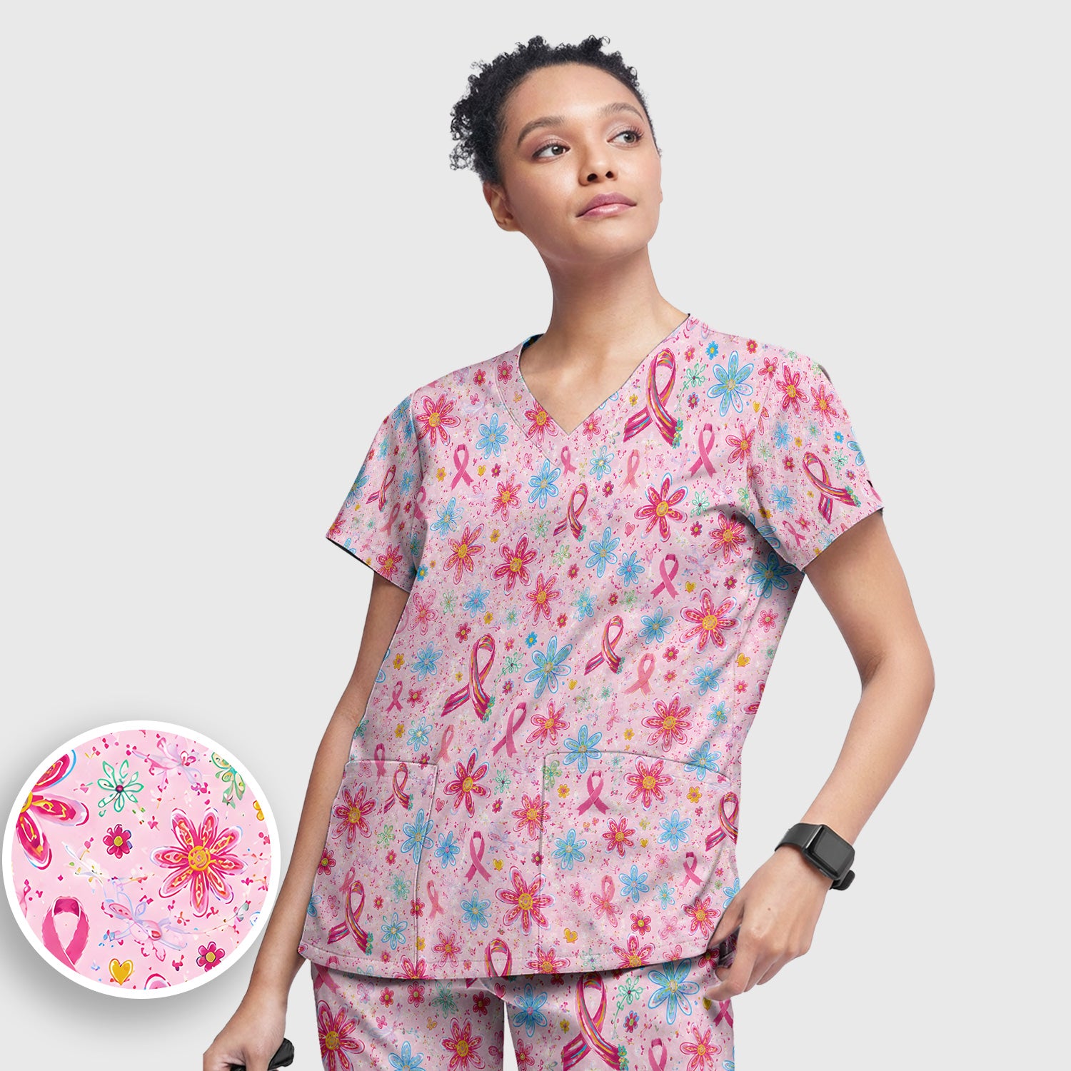 Floral Breast Cancer Awareness Print Scrub Set, Scrub Pants and V Neck Top