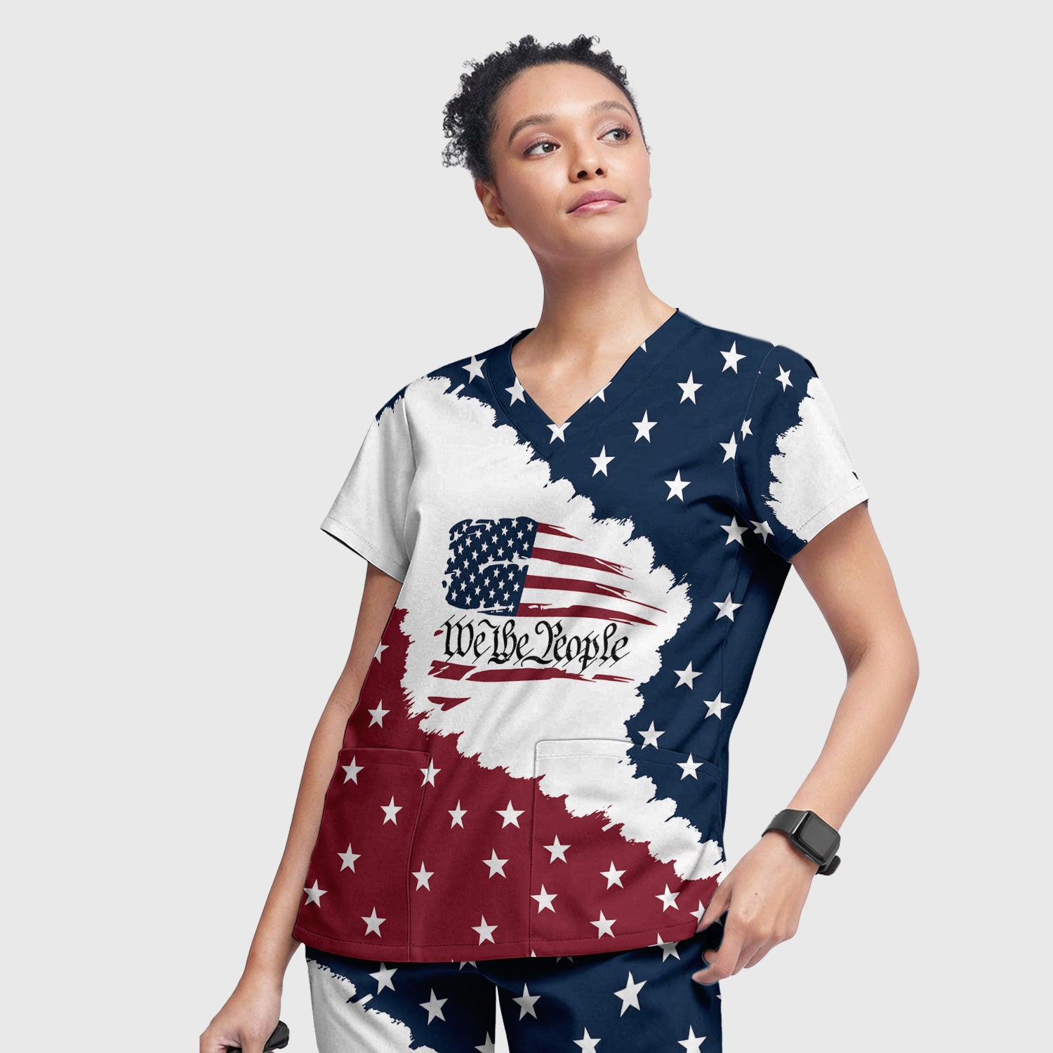 We Be People Flag Pattern Scrub Set, Scrub Pants and V Neck Top