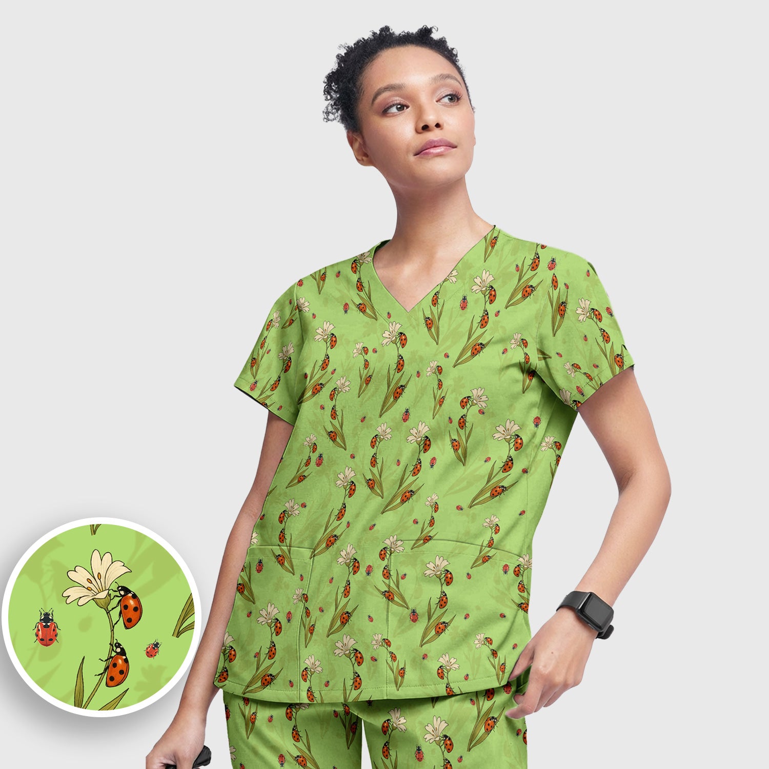 Fresh Daisy Ladybug Garden Pattern Scrub Set, Nurse Uniform Scrubs Set