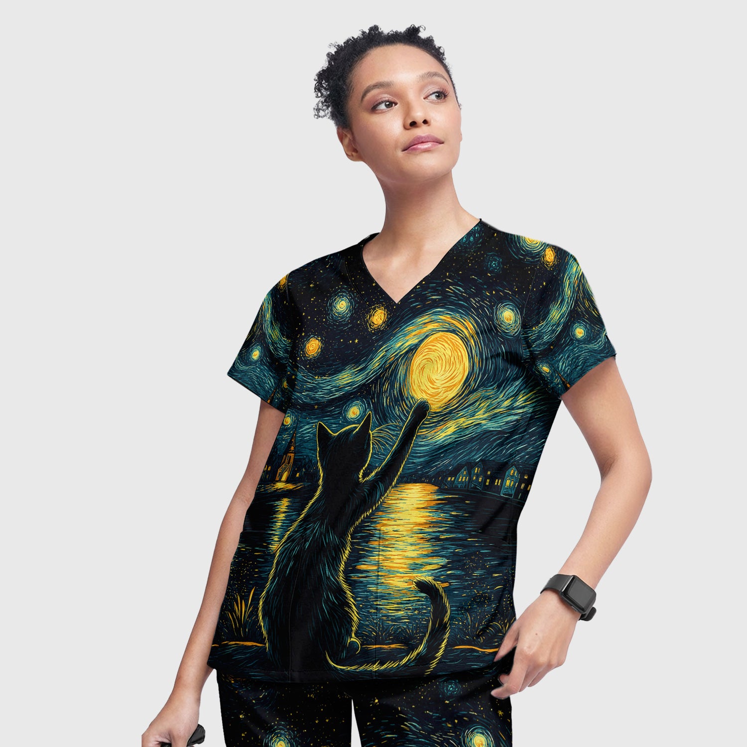 Starry Moonlit Black Cat Scrub Set, Scrub Pants and V Neck Top