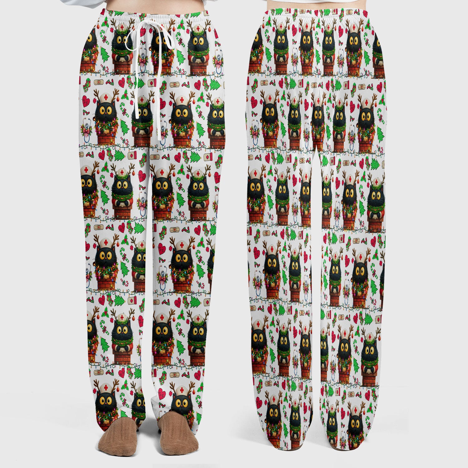 Christmas Black Cat Scrub Set for Nurse - Cute Reindeer Cat with Xmas Lights Pants and V Neck Top - Festive Holiday Medical Uniform