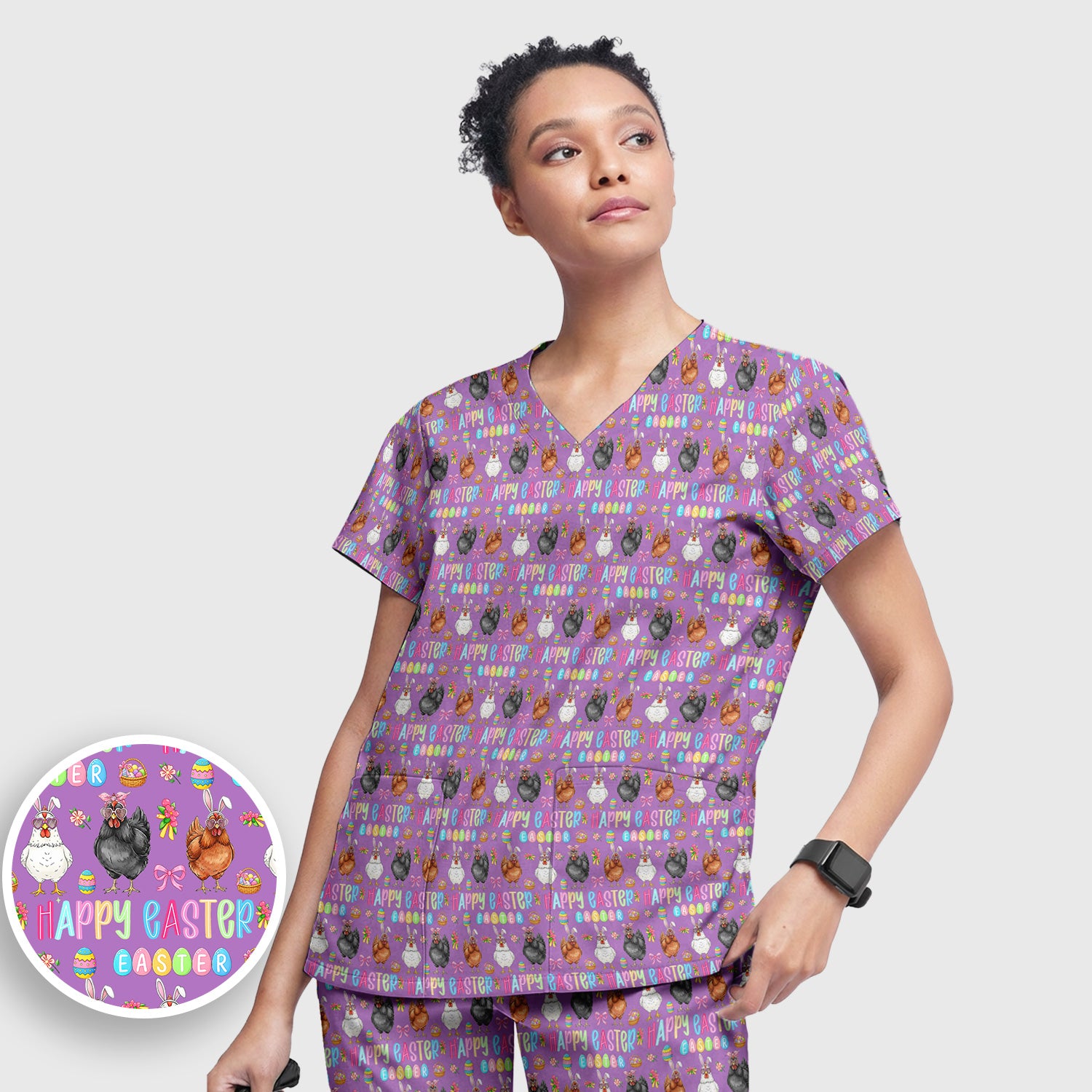 Happy Easter Bunny Eggs Pattern Scrub Sets, Scrub Pants and V Neck Top