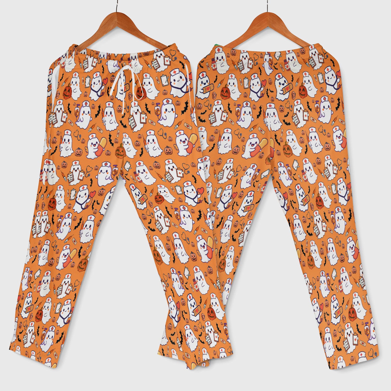 Women's Scrub Sets Halloween Gift - Comfortable Scrubs for Nurses - Pumpkin Ghost Scrub Pants and V Neck Top