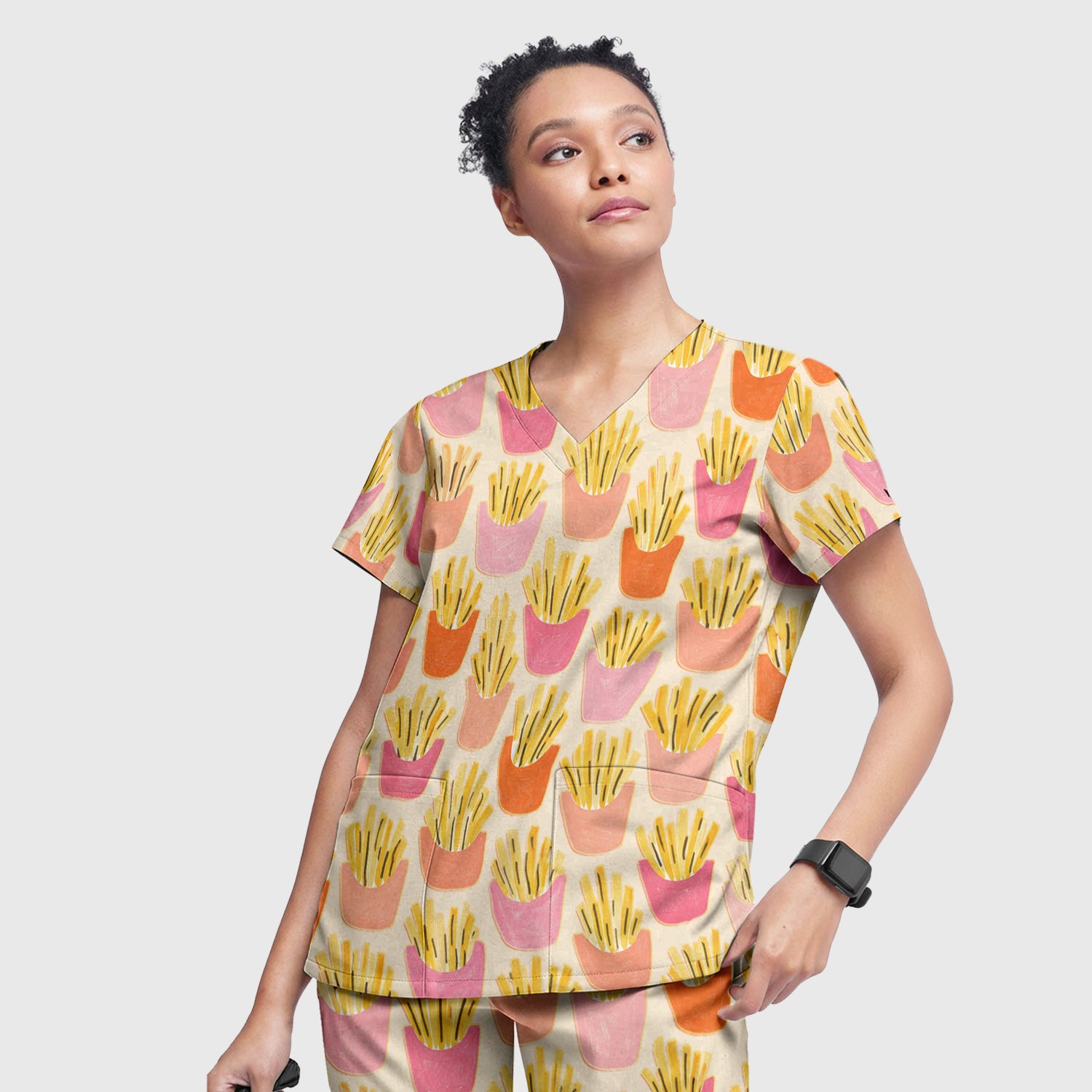 Funny French Fries Snack Food Pattern Scrub Set, Breathable Med Uniform