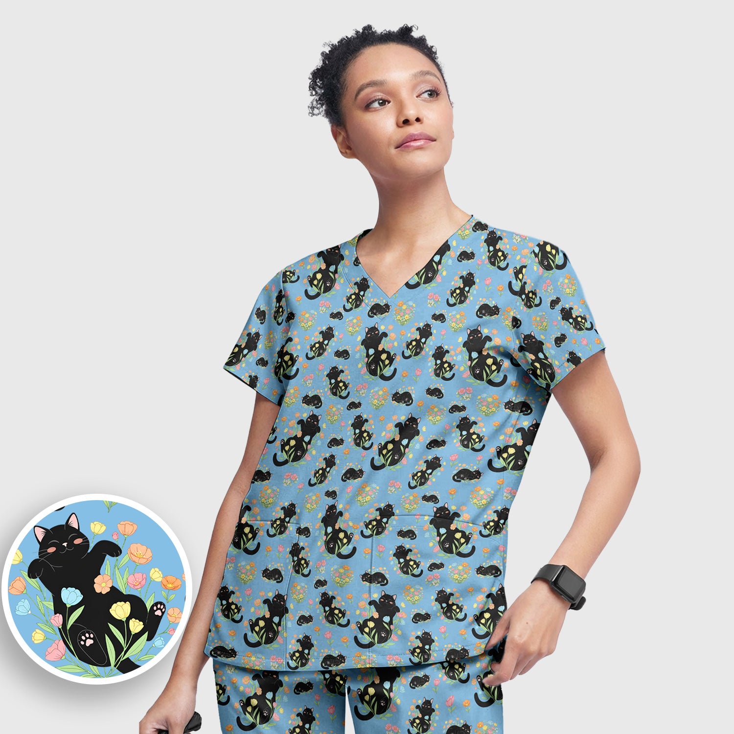 Cats With Cute Poses Floral Pattern Scrubs Sets, Scrub Pants and V Neck Top