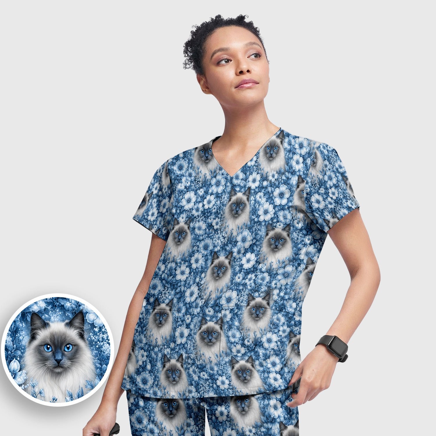 Blue Floral Ragdoll Cat Pattern Scrub Set, Scrub Pants and V Neck Top