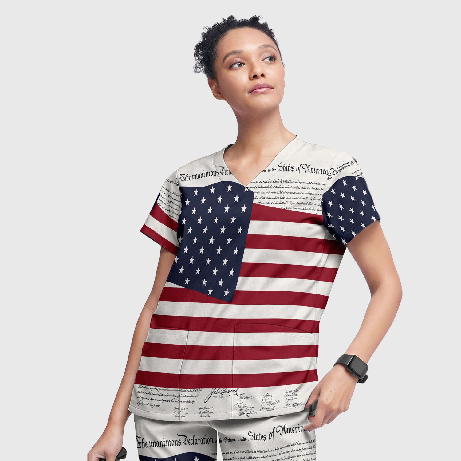Patriotic Nurse American Flag Pattern Scrub Set, Scrub Pants and V Neck Top
