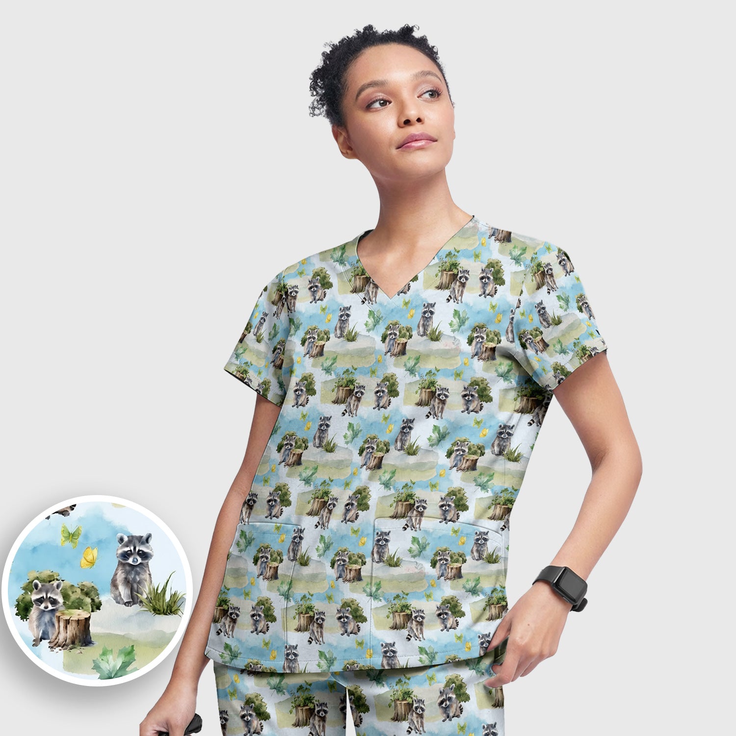 Cute Raccoon Woodland Print Scrub Set, Scrub Pants and V Neck Top