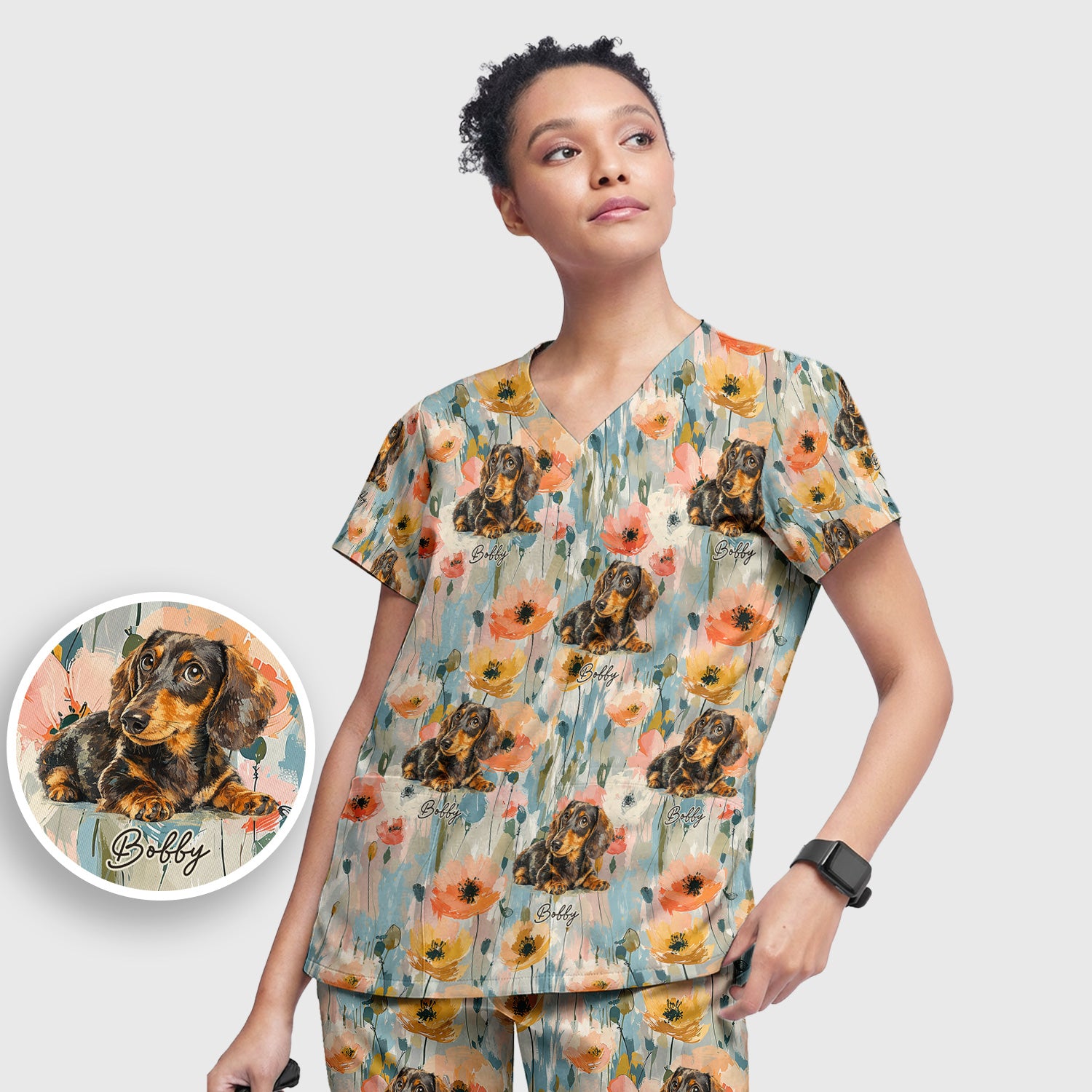 Personalized Dachshund Floral Portrait Pattern Scrub Set, Scrub Pants and V Neck Top