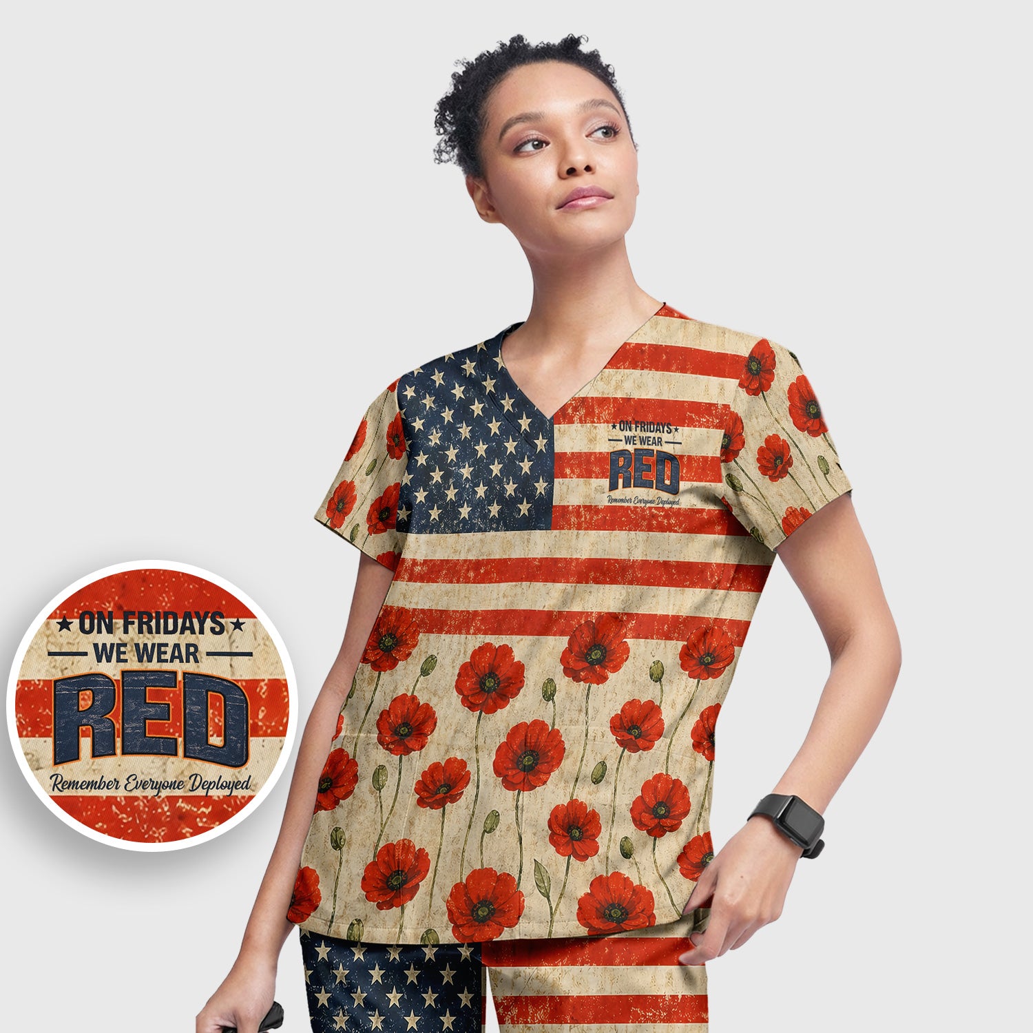 Patriotic American Flag Poppy Flower Pattern Scrub Set, Scrub Pants and V Neck Top