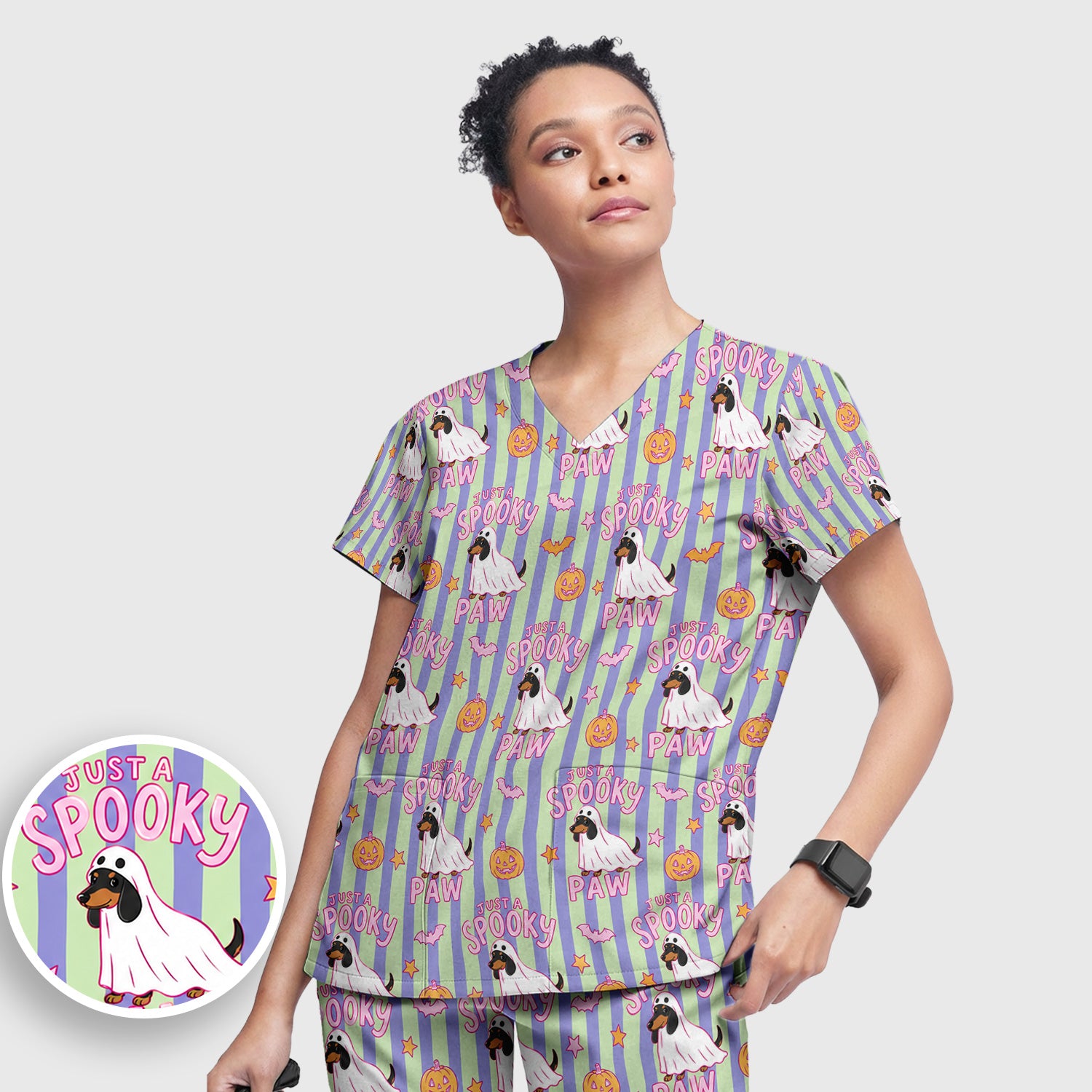 Just A Spooky Dachshund Paw Print Scrub Set, Scrub Pants and V Neck Top