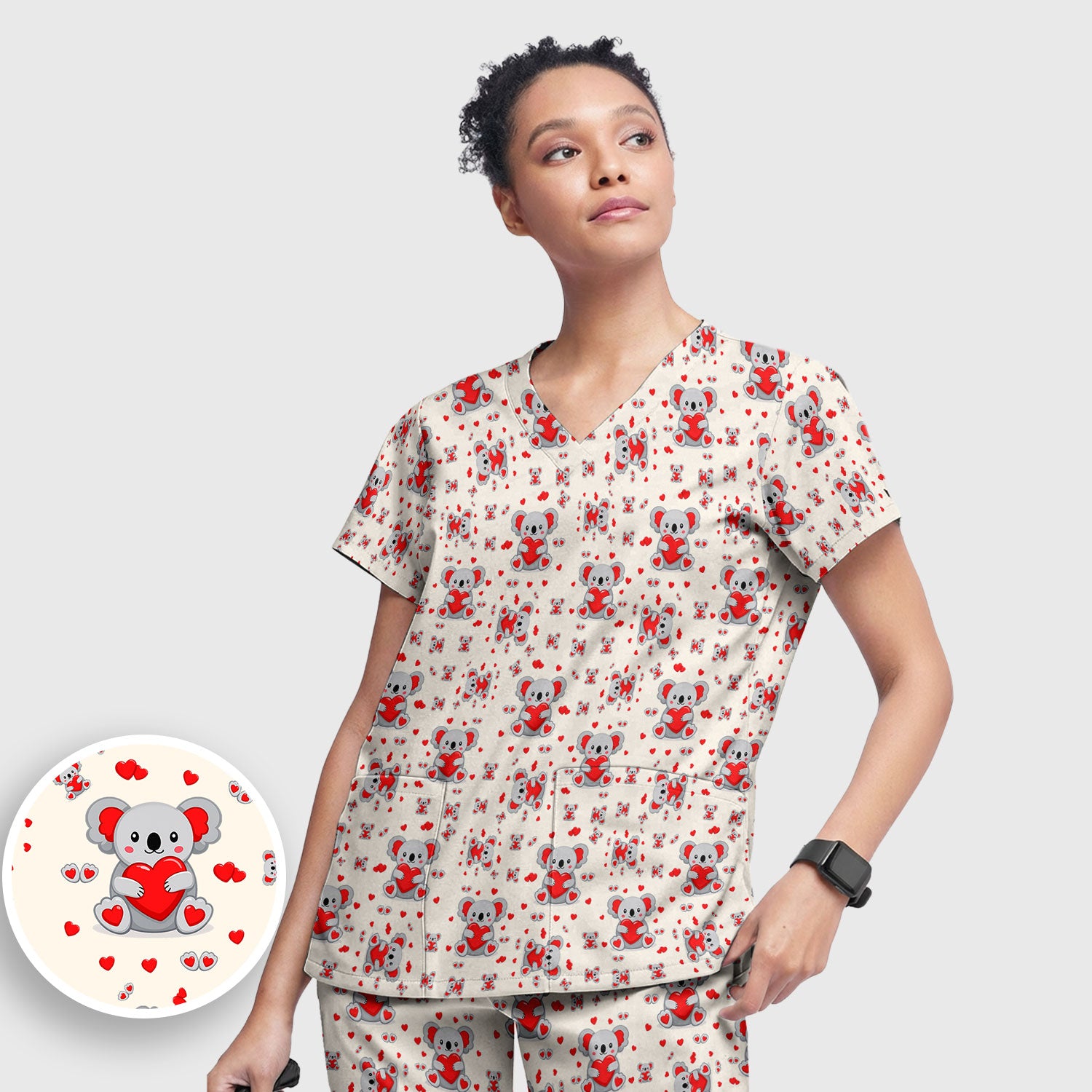 Valentine Cute Koala Heart Pattern Medical Outfit, Women's Scrub Sets
