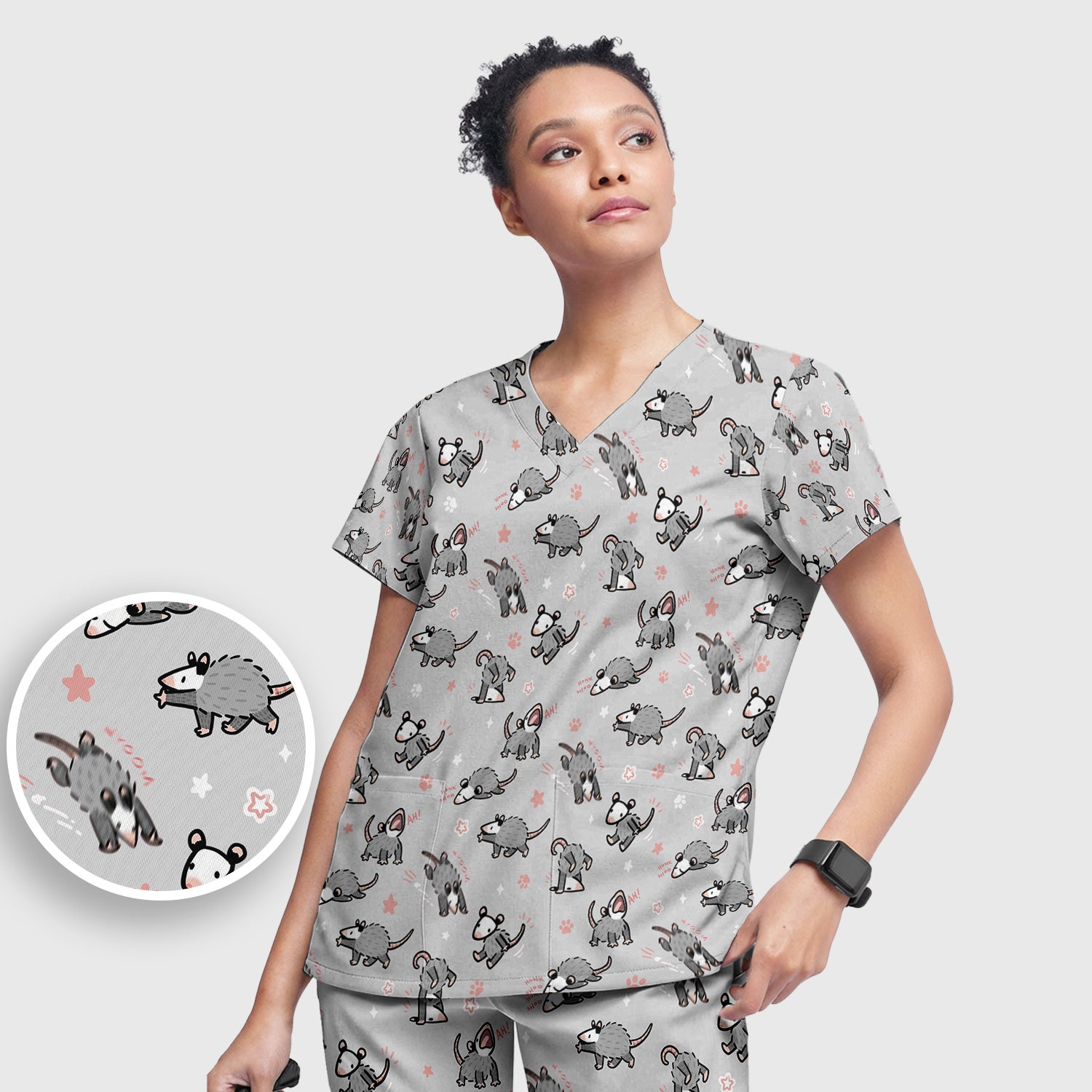 Playful Cartoon Opossum Character Pattern Scrub Set, Women's Scrub Sets