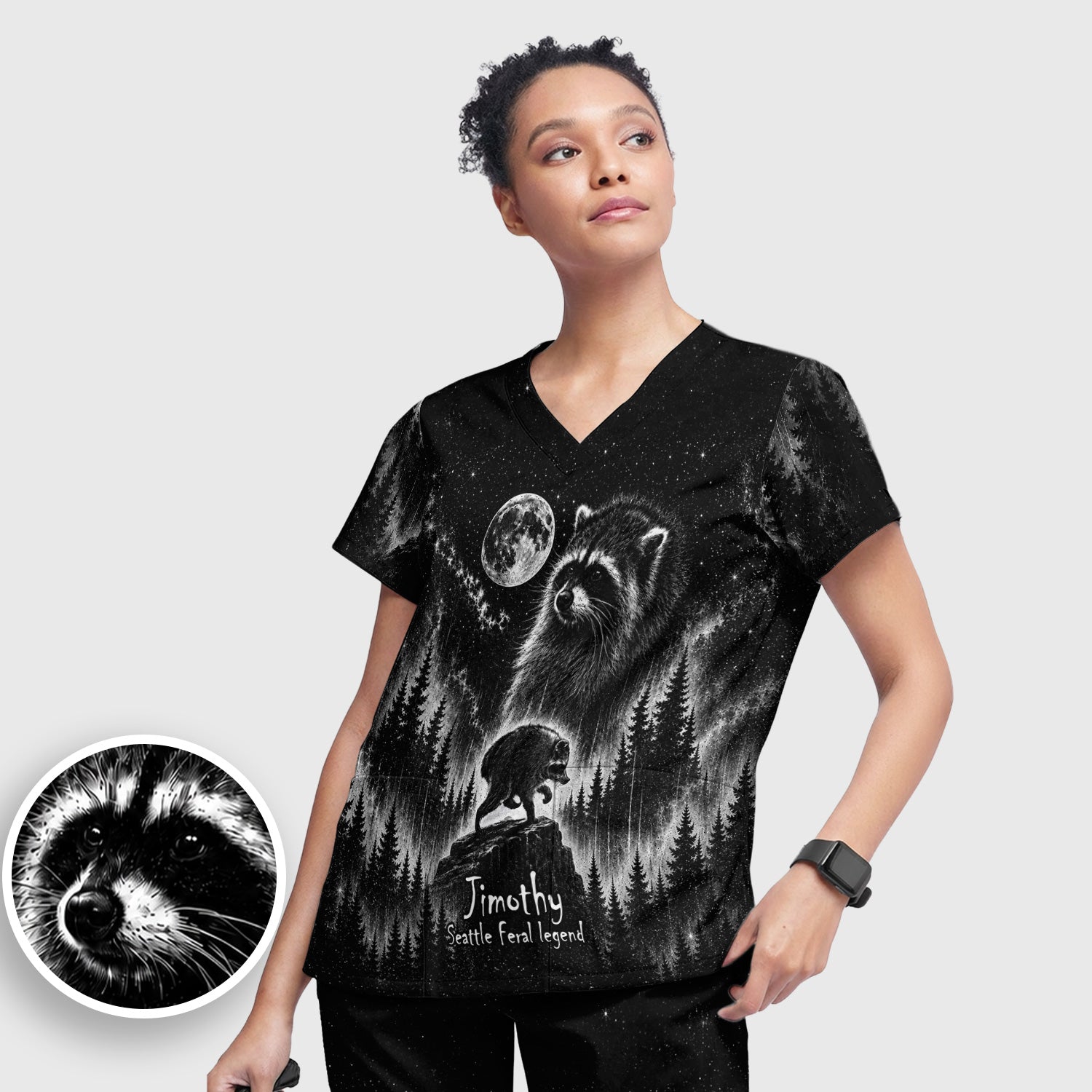 Moonlit Raccoon Forest Print Scrub Set, Scrub Pants and V Neck Top
