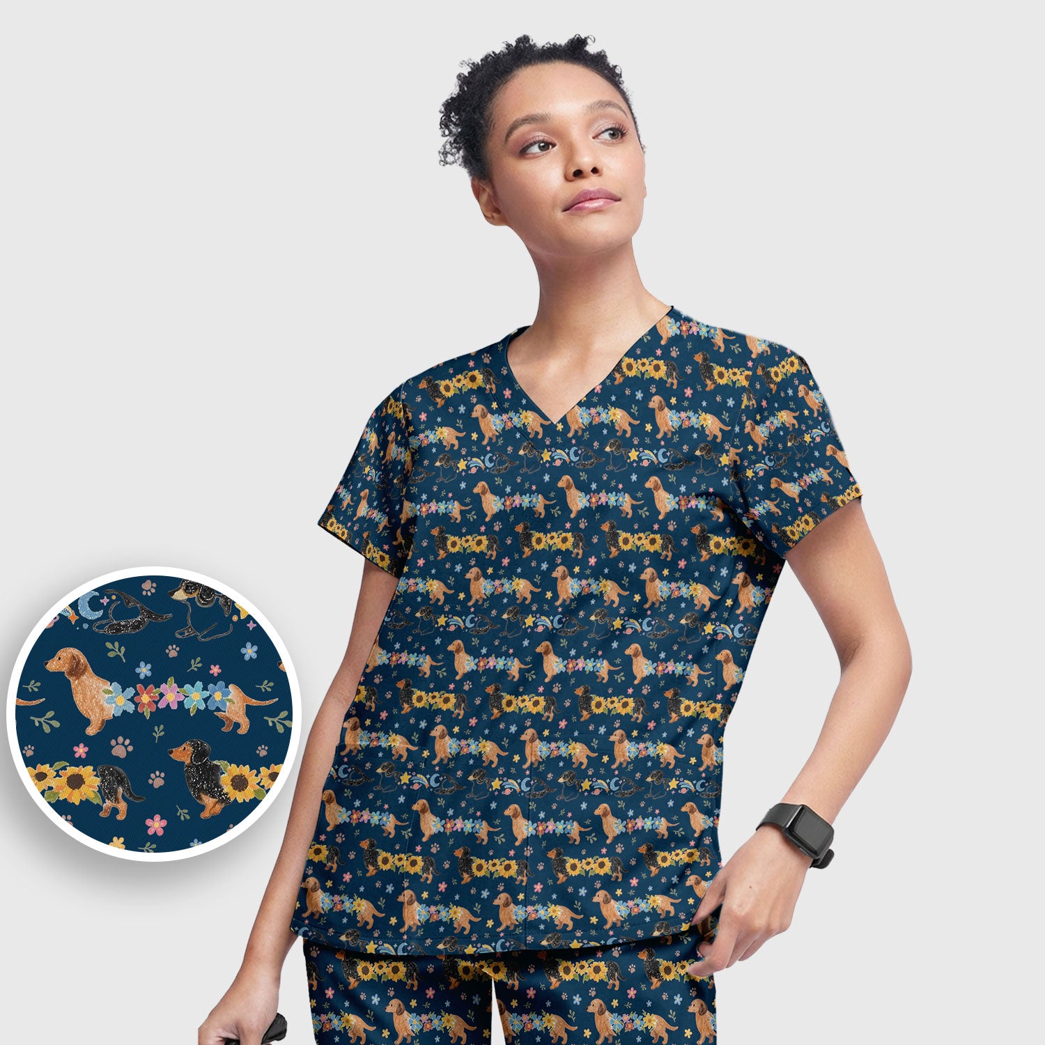 Floral Wiener Dog Pattern Scrub Set, Scrub Pants and V Neck Top