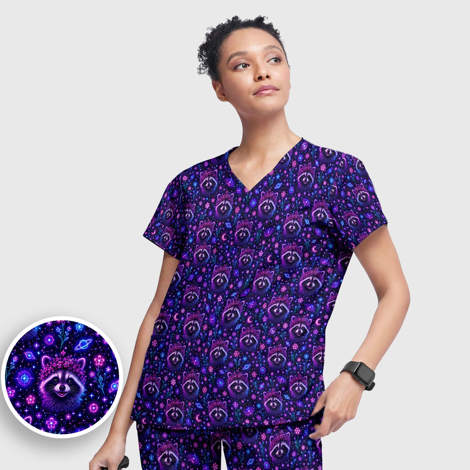 Galaxy Raccoon Nurse Pattern Scrub Set, Scrub Pants and V Neck Top